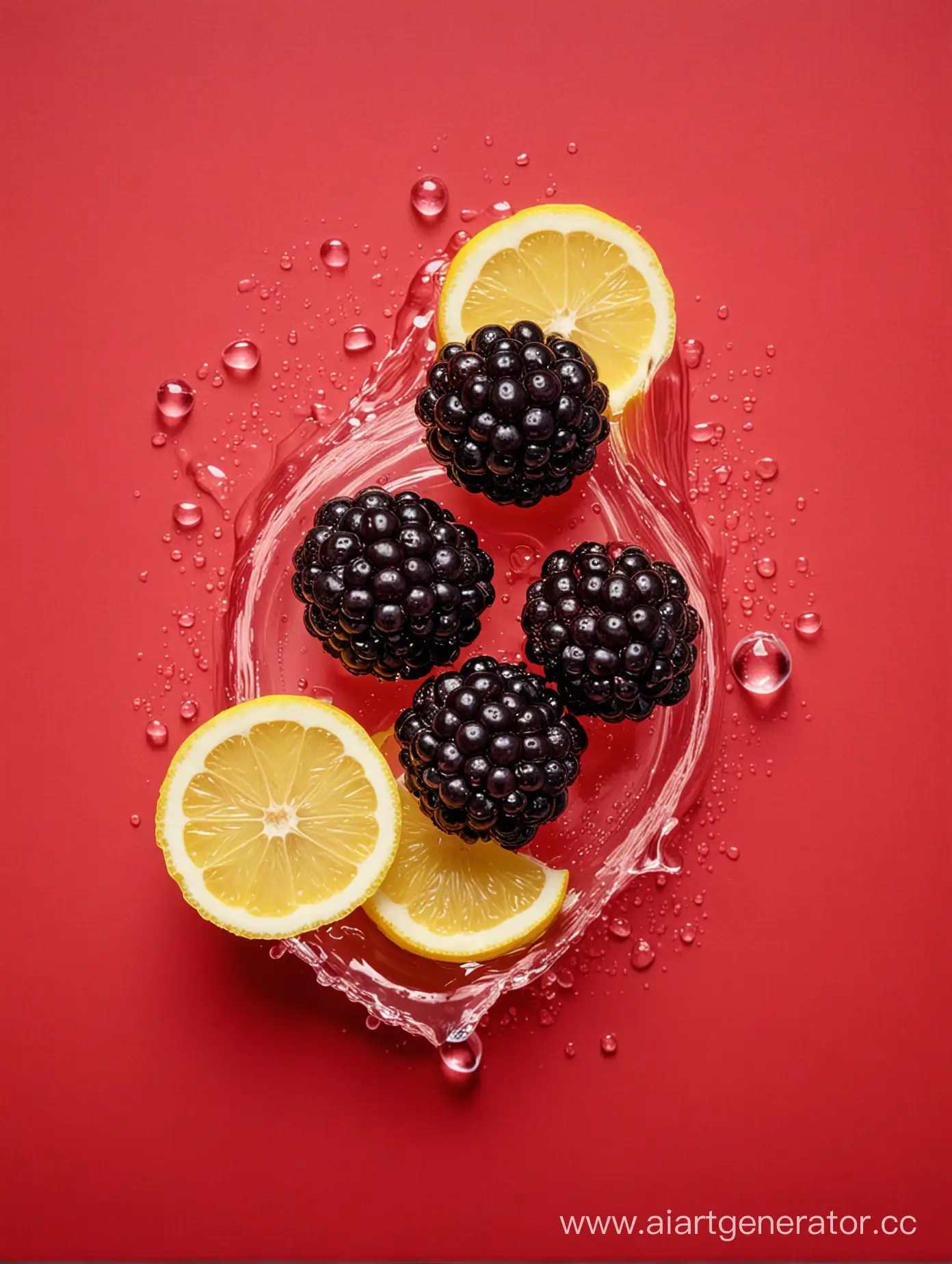 Boysenberry with lemon slices water drop on RED background