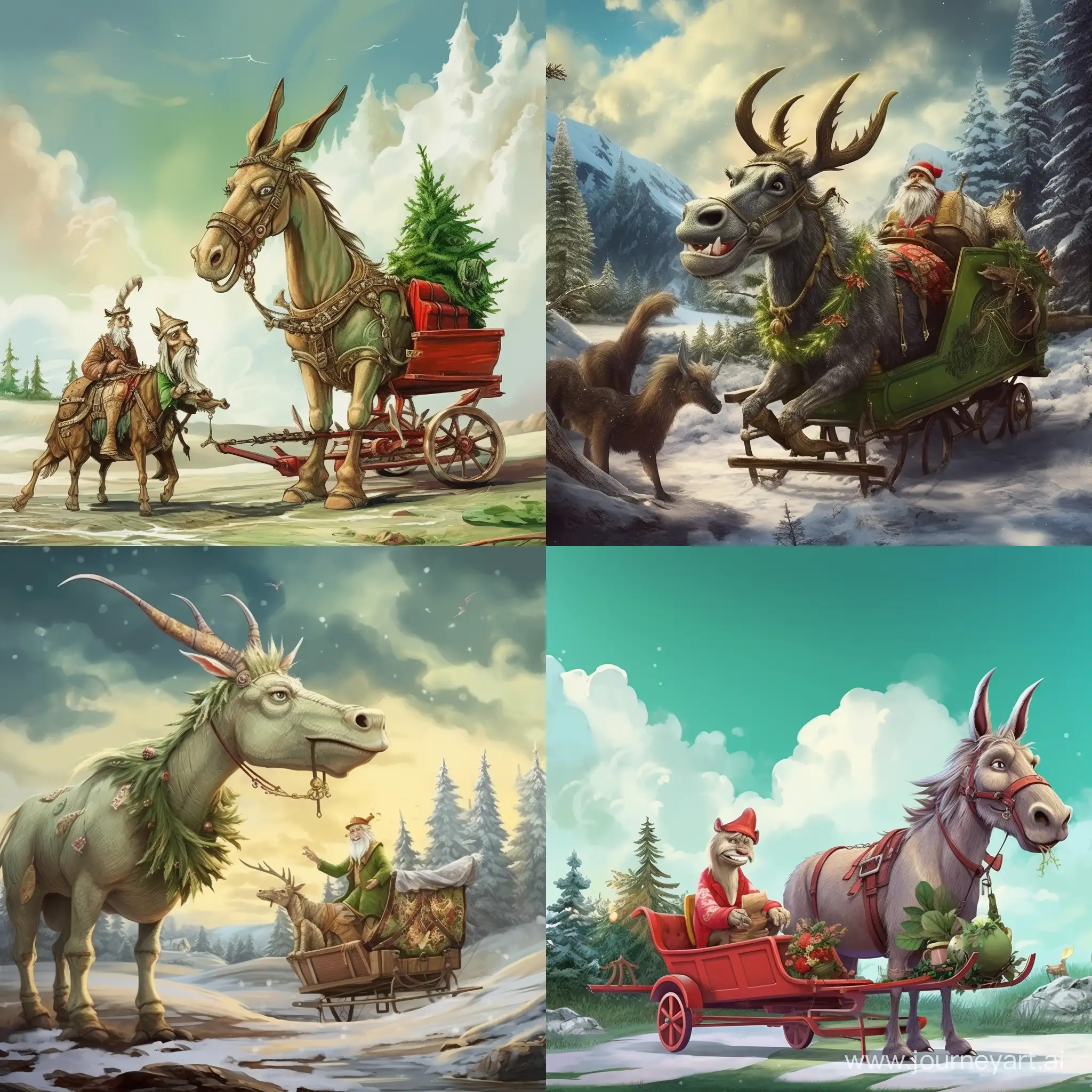 a donkey with deer antlers drags a cart on which Santa Claus sits with gifts. A large green dragon flies in the sky. Weather without snow.