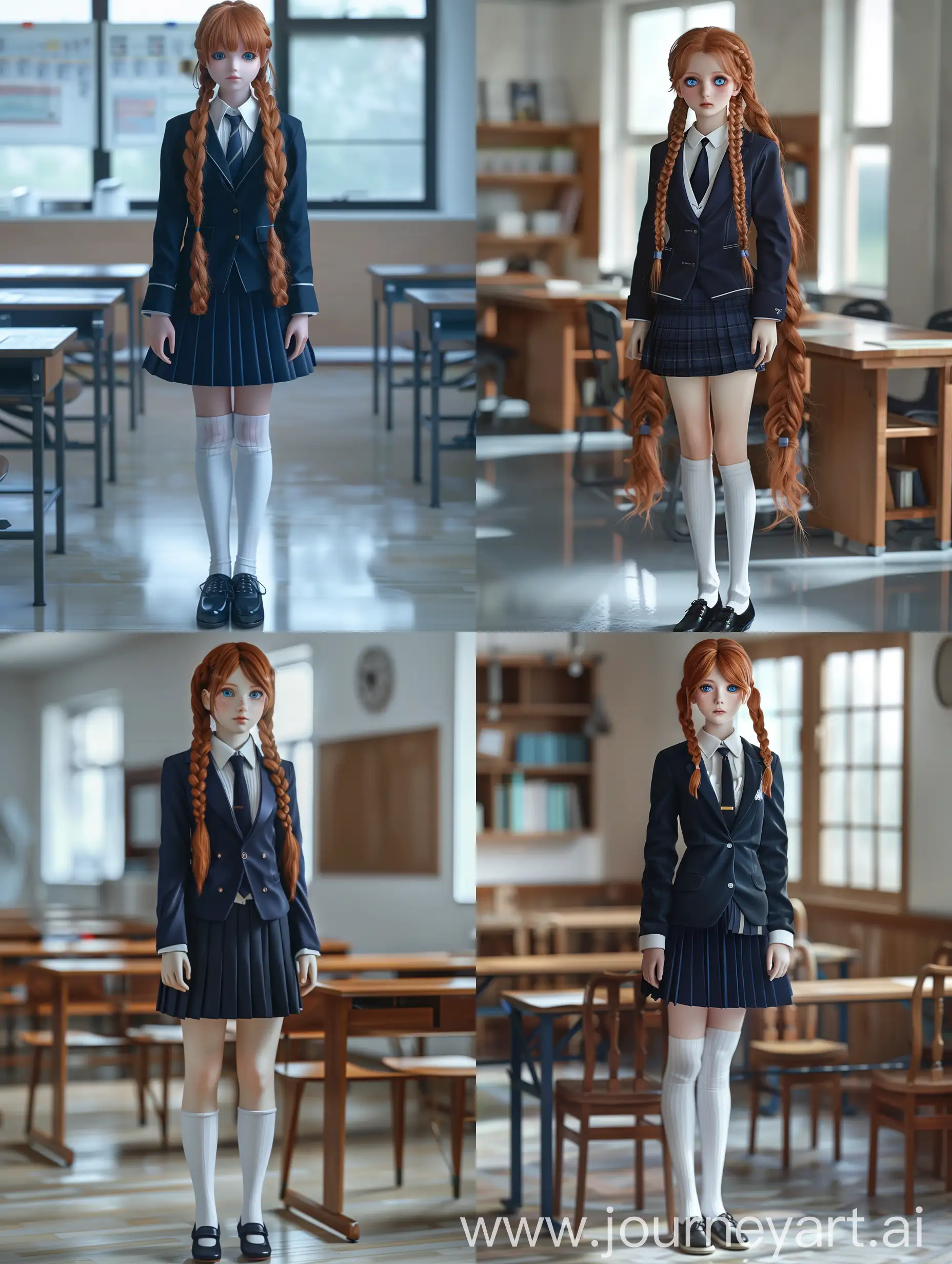 Cute, beautiful, Sweet, slender, girl, long plaited auburn hair, blue eyes, full body, wearing navy school uniform blazer , shirt navy school skirt, white blouse, navy tie, white knee-length socks and black low heel shoes, standing in classroom, camera is level and face on, ultra-realistic 