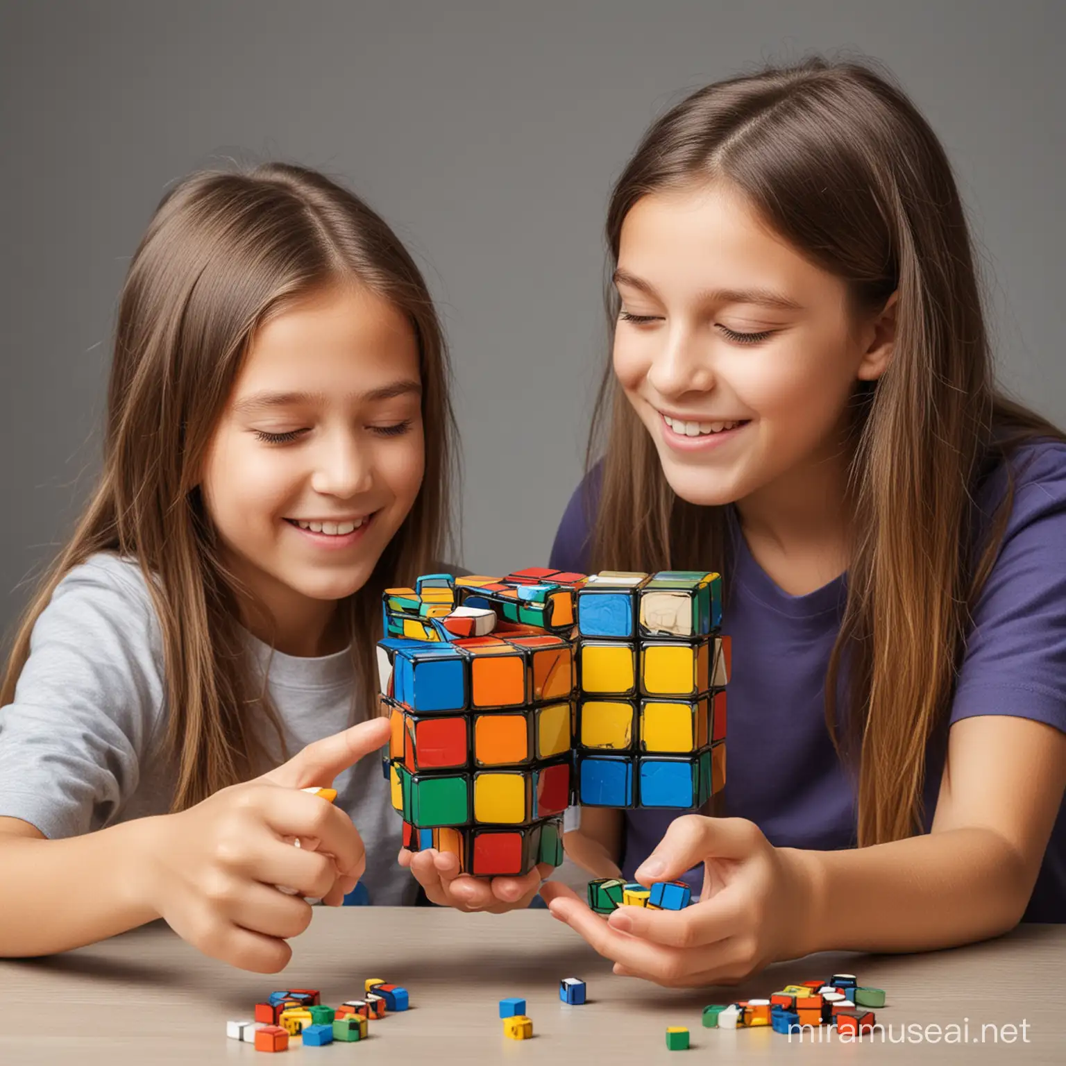 Design a flyer in which  2 girls and 1 boy solving rubik cubes while rotating in hand where students age between 6 to 14 years  