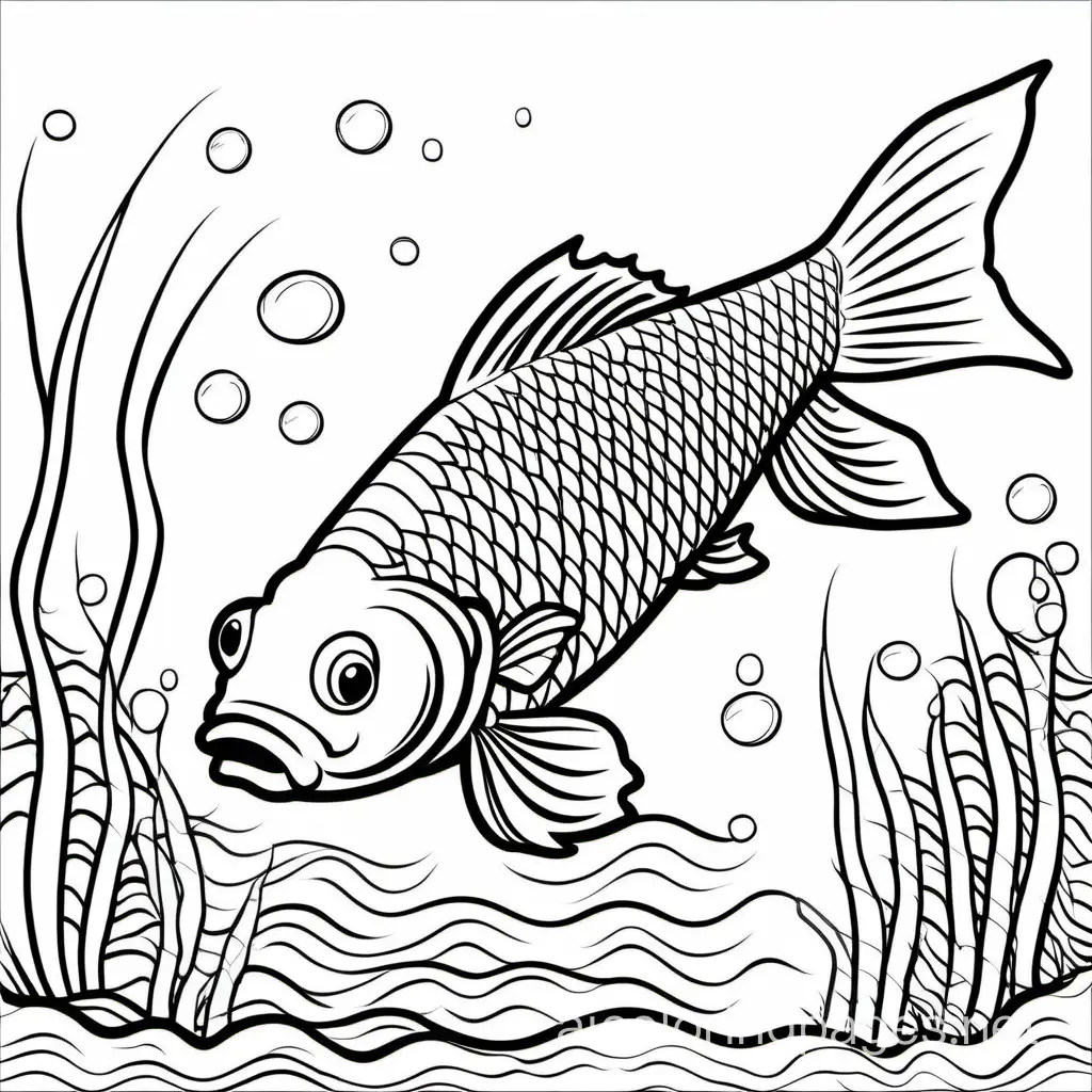carp swimming free in a pond, Coloring Page, black and white, line art, white background, Simplicity, Ample White Space. The background of the coloring page is plain white to make it easy for young children to color within the lines. The outlines of all the subjects are easy to distinguish, making it simple for kids to color without too much difficulty