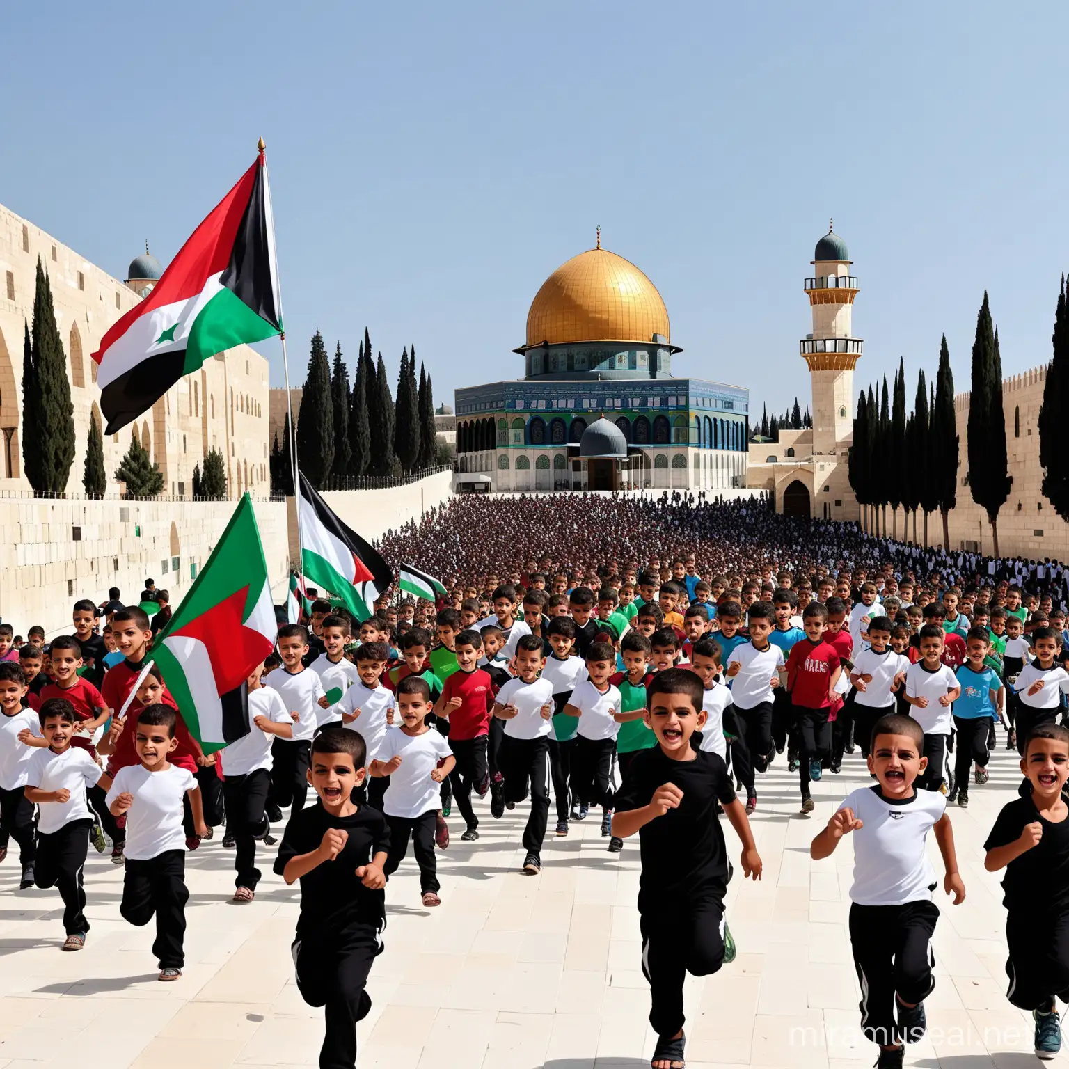 Many children of Gaza are running toward the Al-Aqsa Mosque with anger and happiness raising many the flag of Palestine.