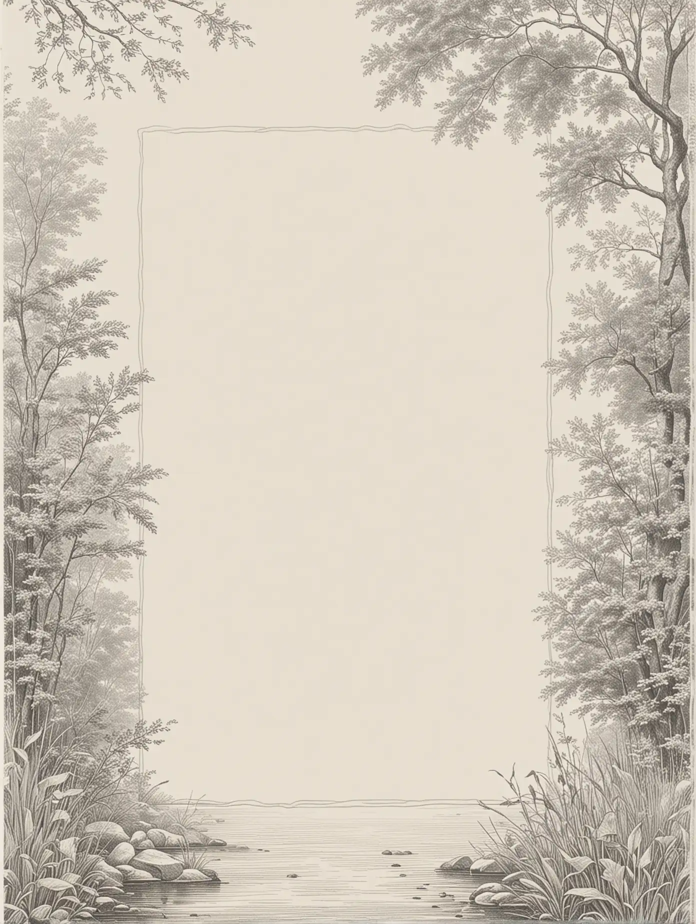 A blank book cover with a river border