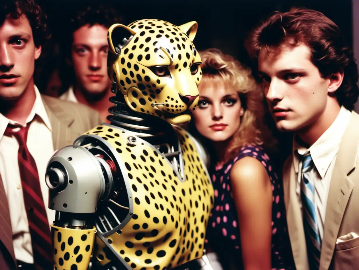 1985, film still, scan lines, film grain, robot leopard, frat party