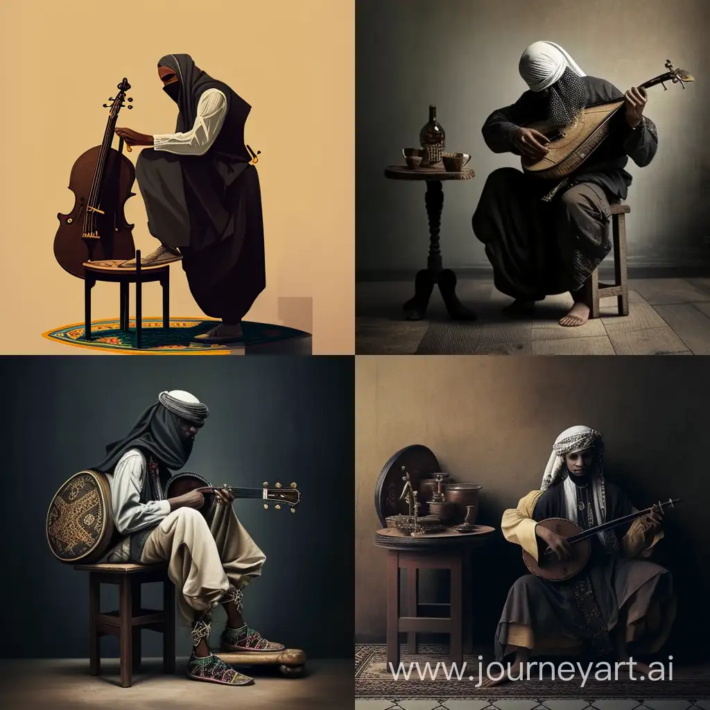 A saudi picture from the side of a young black Saudi man standing on one leg and the other leg be placed on a small table bent at the knee so that the oud rests on his thigh as he plays the oud.