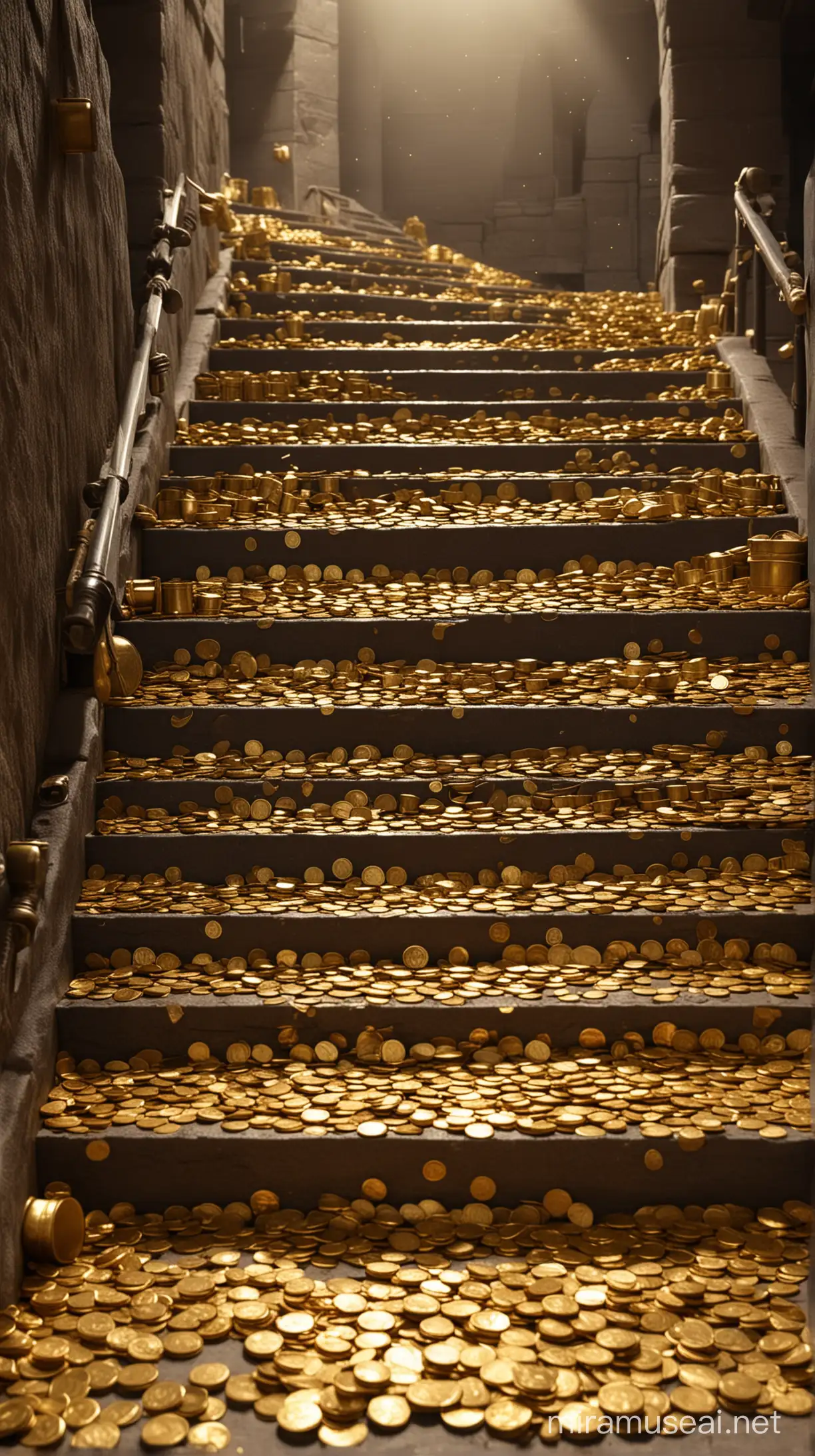 A golden staircase, scattered with gold coins and gold ingots, guarded by a gold warrior with weapons HD