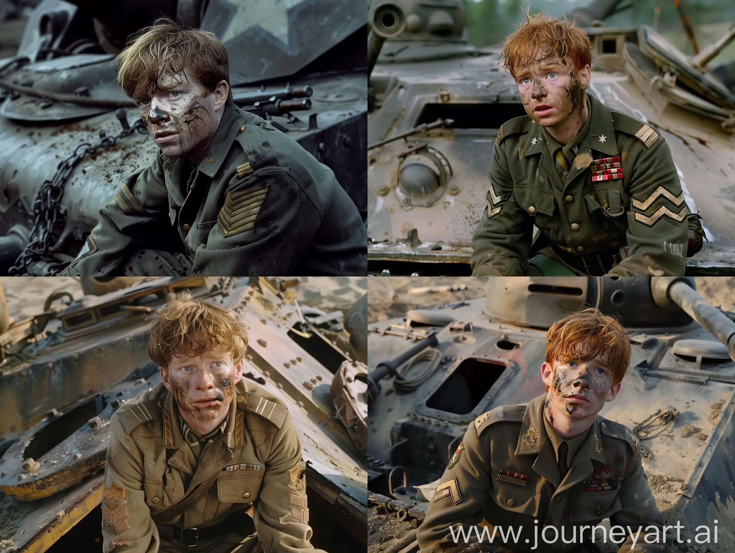 Ron Weasley is in ww2 American military uniform. his face is dirty because of Soot from the explosion. he is sitting on a broken Sherman tank and says,real