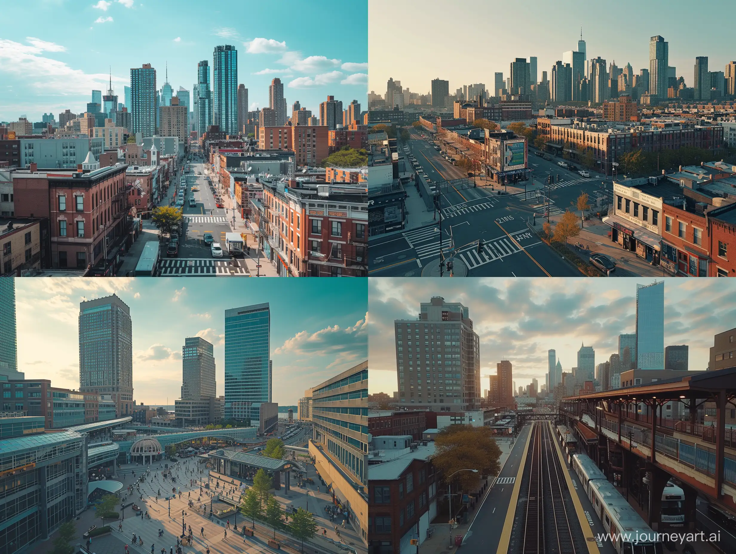 a bustling new jersey city, the photo is bathed in natural lighting, day time setting. Shot in 4k with a high end DSLR camera. such as a Canon EOS R5 with a 50mm f/1. 2 lens, architecture, drone view, skyline, vivid
