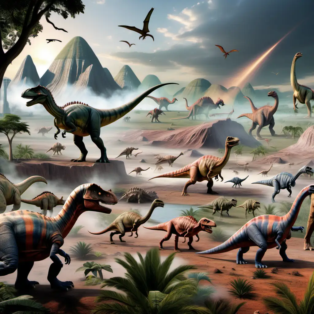 detailed image of a prehistoric landscape with dinosaurs, with highlights of colour