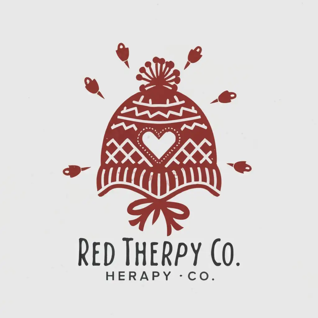 a logo design,with the text "Red Hat Therapy Co.", main symbol:Winter Knit Beanie Hat with tassels tied into a heart with Pom Pom accents.,Moderate,clear background