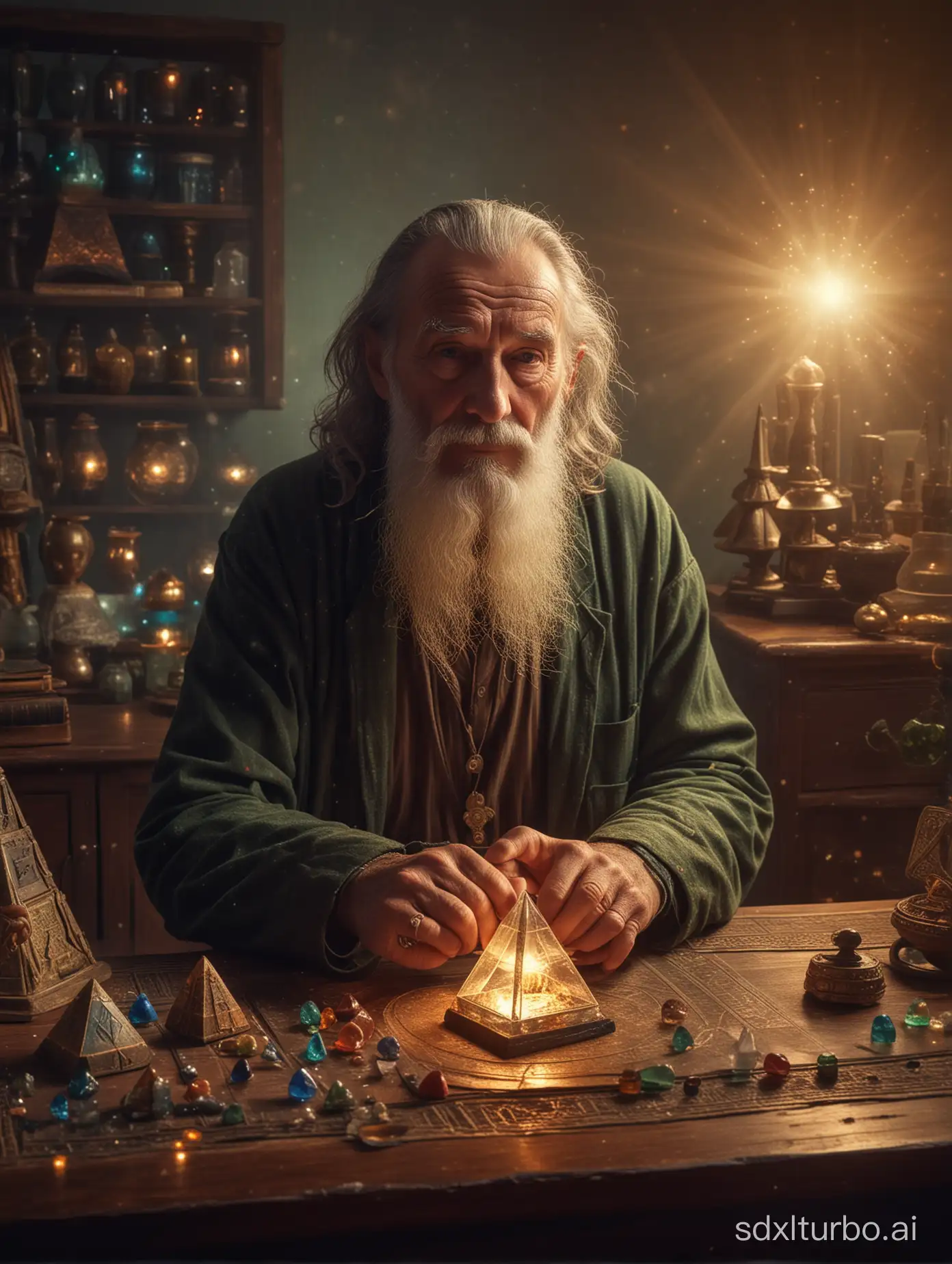 an old sage sitting behind a desk with a small orgonite pyramid on his hand, front view, magical lights and atomesphere, looking at the viewer, by canon, very realistic, photo view