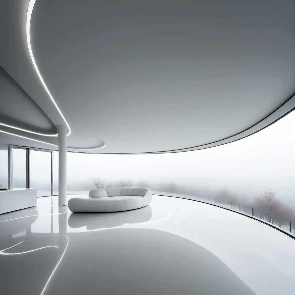 A zaha hadid curved white surface that converts into the flooring with a fog context