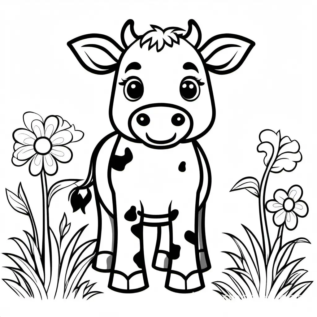 Cute cow, no background, Coloring Page, black and white, line art, white background, Simplicity, Ample White Space. The background of the coloring page is plain white to make it easy for young children to color within the lines. The outlines of all the subjects are easy to distinguish, making it simple for kids to color without too much difficulty