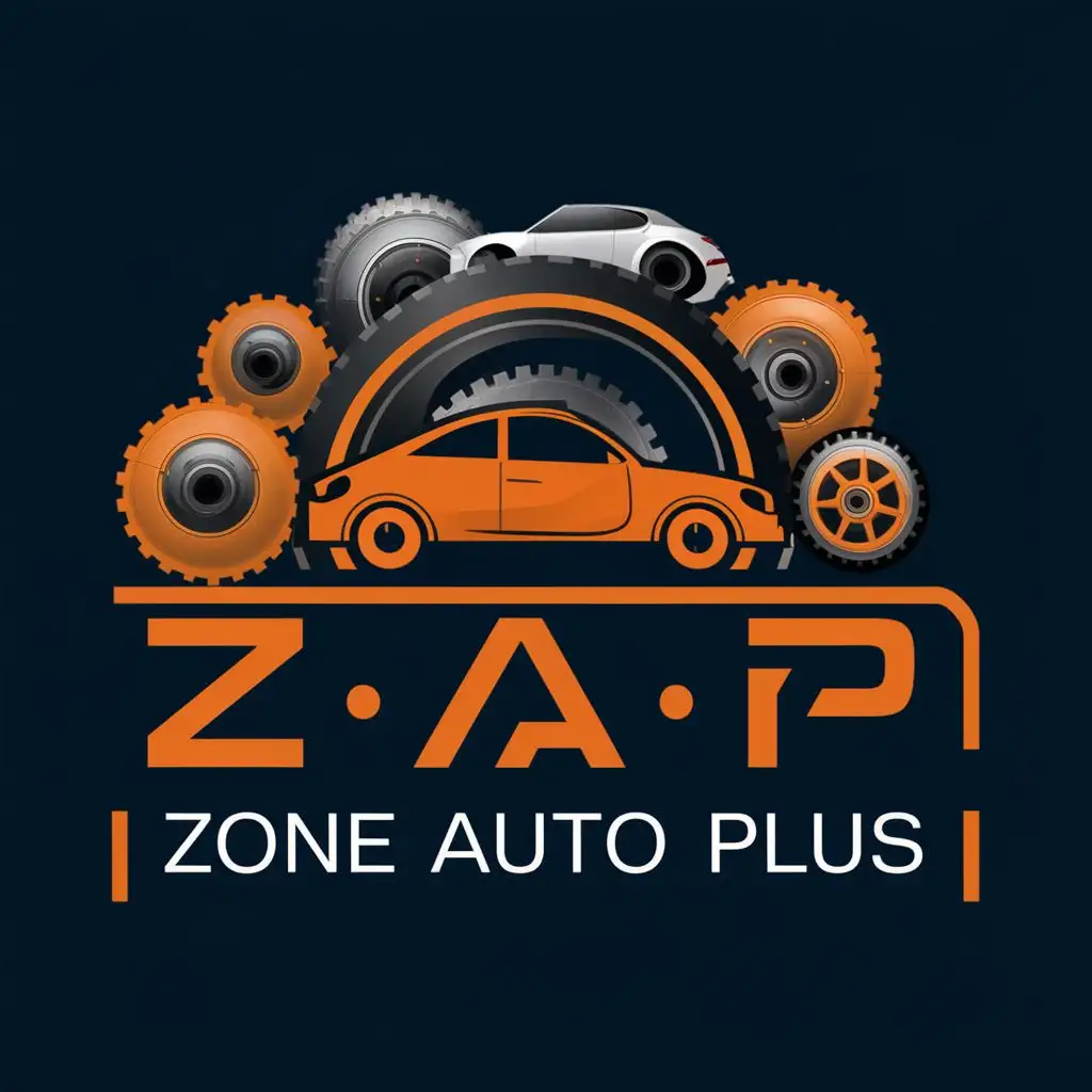 logo, cars, tires, gears, auto parts, with the text "ZAP(Zone Auto Plus)", typography, be used in Automotive industry