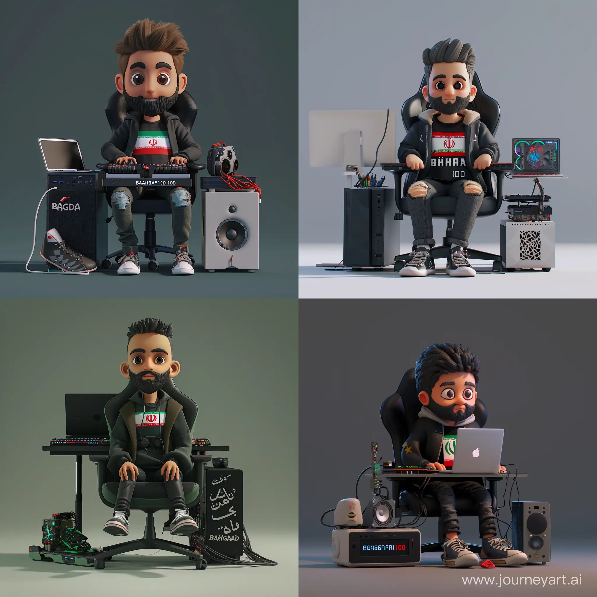 Create a 3D image of a "boy" character sitting on a #gaming chair, behind a #graphics system and a laptop, wearing a black jacket with sneakers, with a short beard, with the Iranian flag on his shirt, BAGHDAD120 written on his shirt