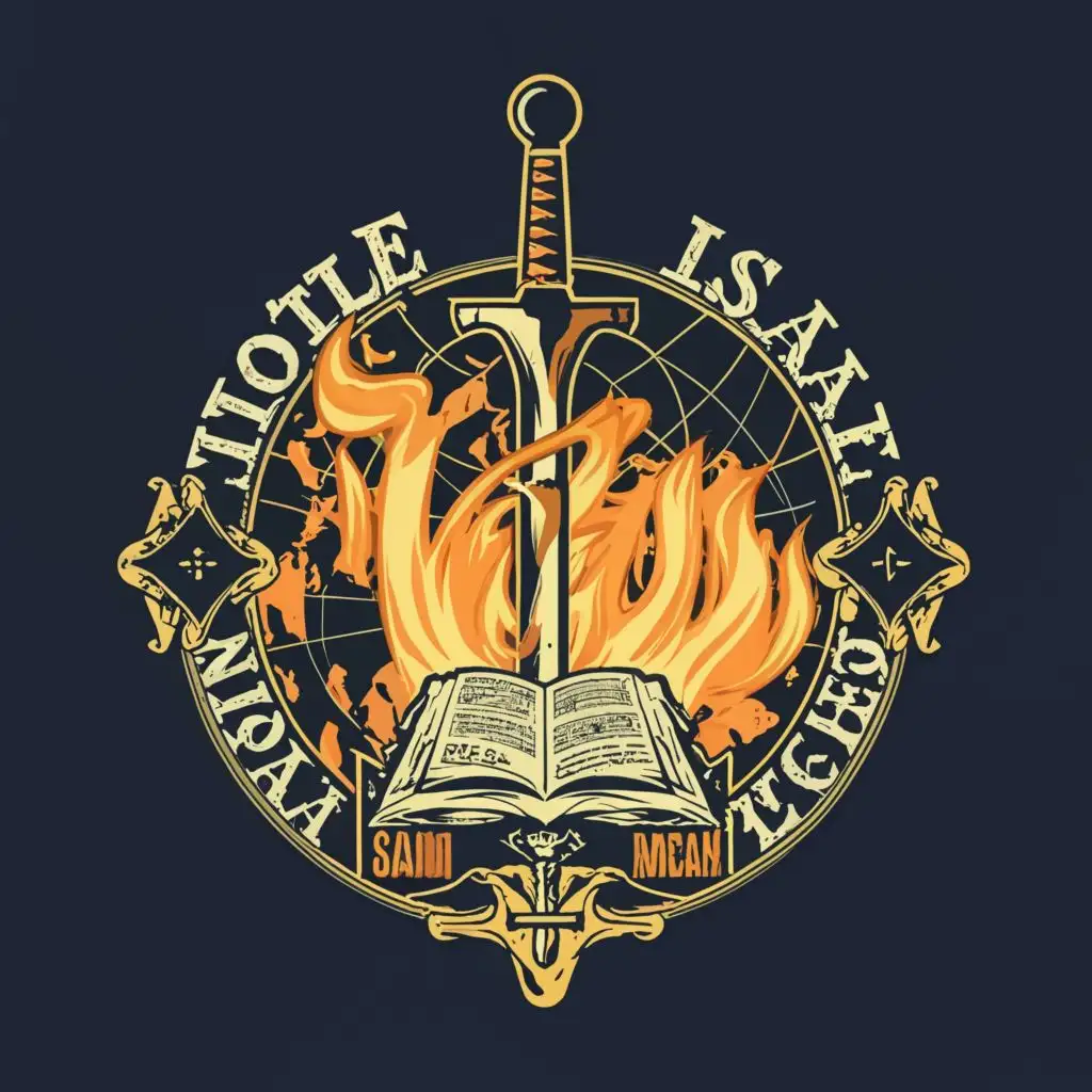 logo, Sword, Bible, Map of the world, fire, smoke, staff, with the text "Apostle Isaiah McAye", typography, be used in Religious industry