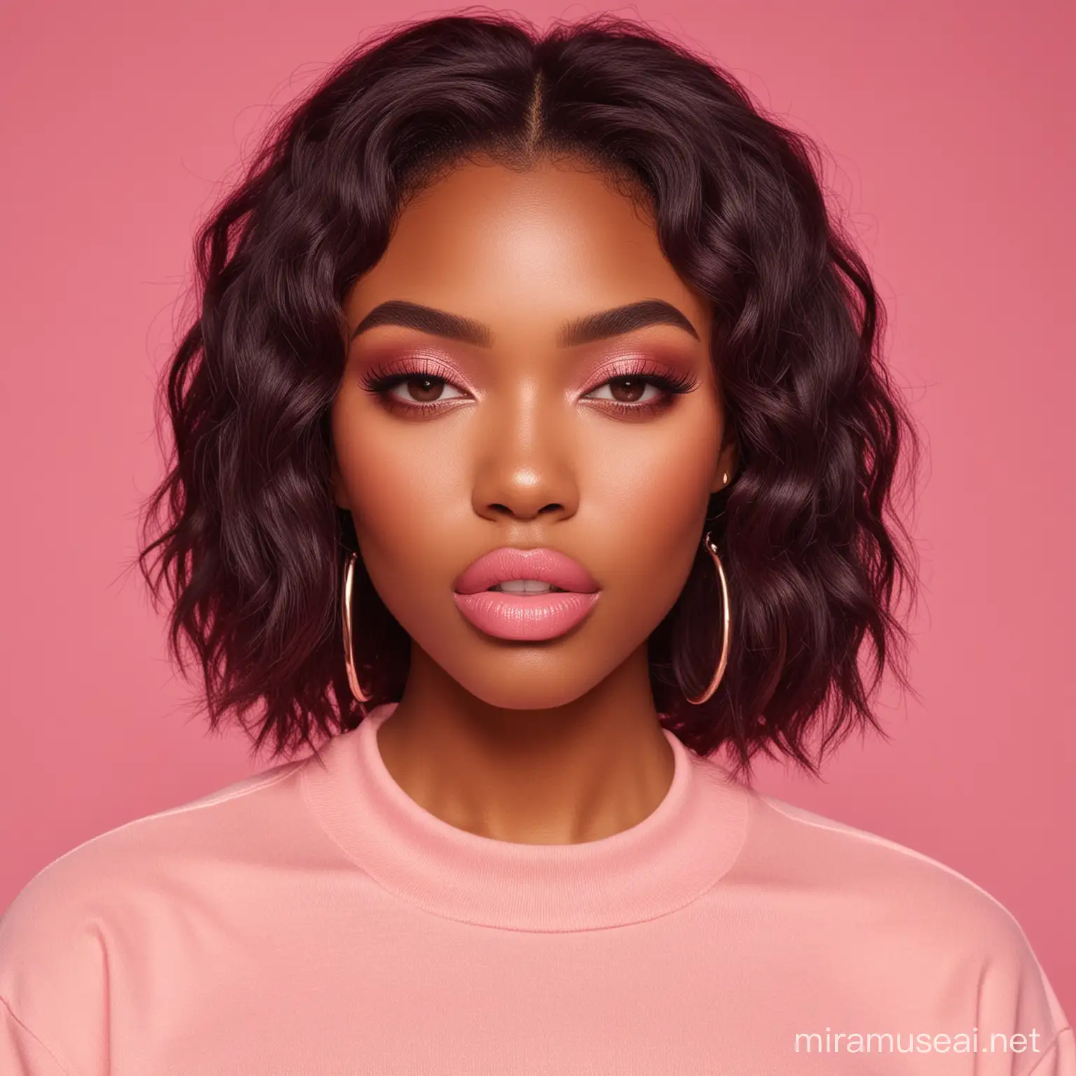 Craft a stunning full portrait shot featuring  African American beauties with plump lips soft layers hair embodying the essence of modern 'Instagram baddies. Showcase their confident allure, merging contemporary style with beauty, perfect for our captivating Clothing  campaign. Pink with pink background