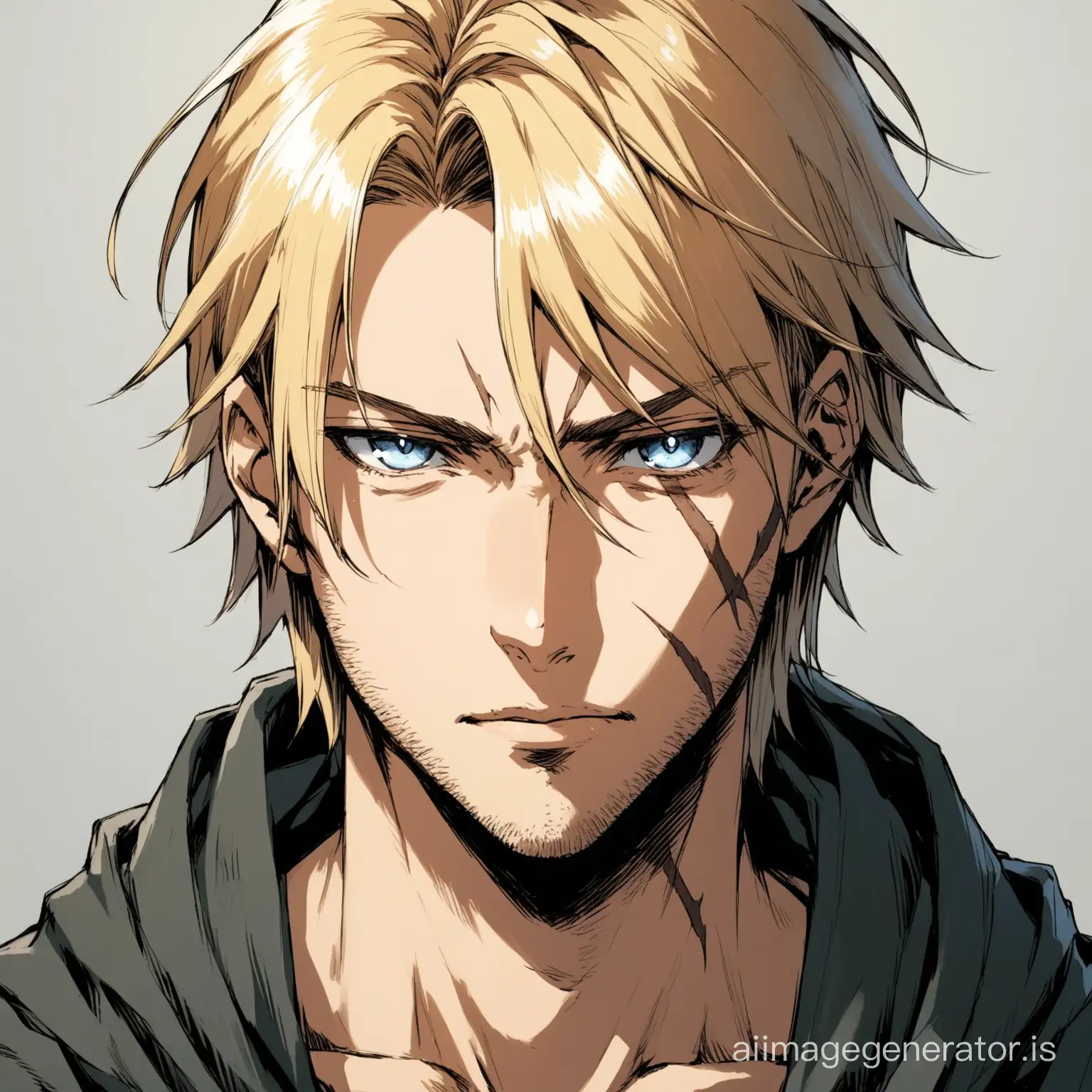 Anime, man, portrait, black worn clothes, bristle, blond, Russian, grey-blue eyes, a one long scar goes from the mouth. 30 years old