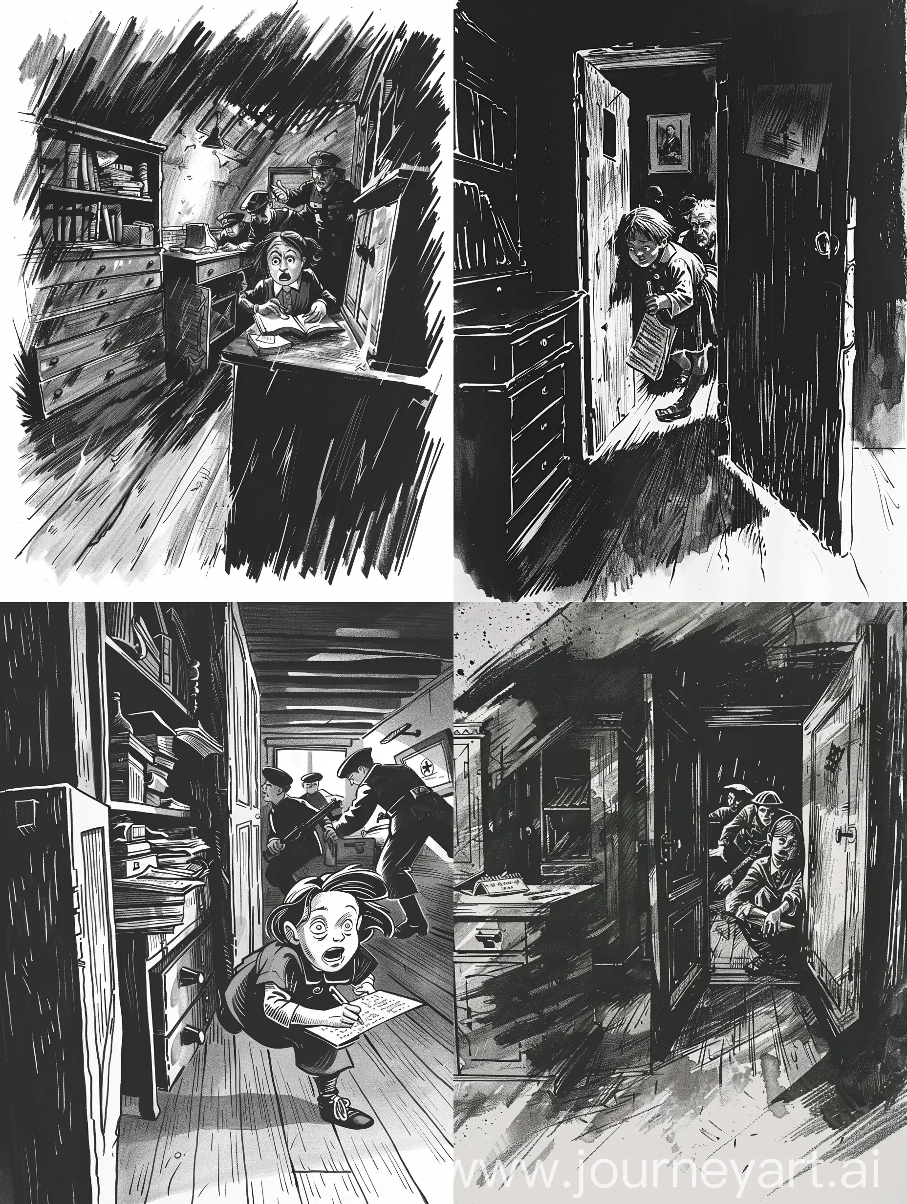 Dark illustration for a World War II historie book; small Jewish girl hiding on horror from danger behind cabinets, to finish writing her journal; old attic; dynamic lines and strokes; german authorities are storming the room; dramatic scene, emphasis on fear
