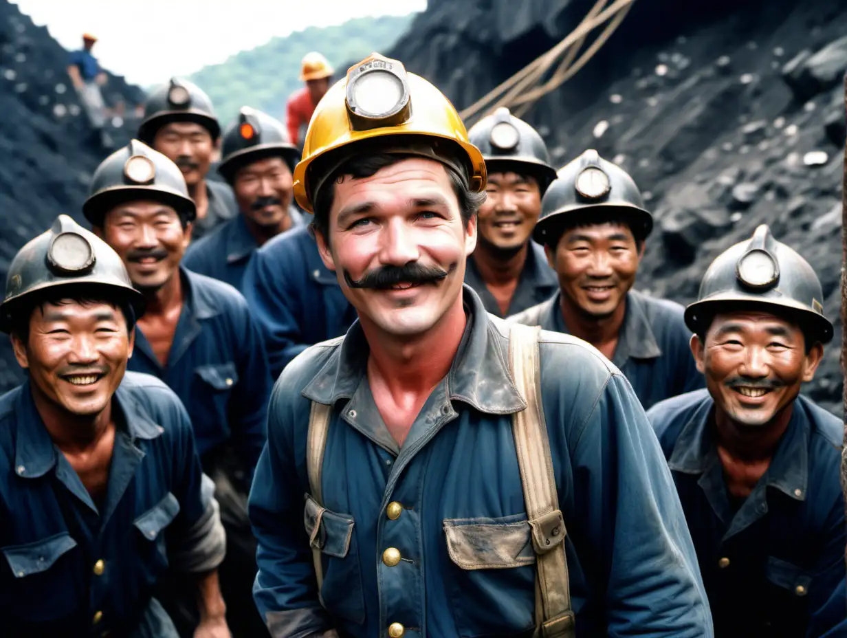A 28 years old, caucasian-looking coal miner from the 80s era, who wears a mustache and old uniform, climbs out from a mine. He stands next to smiling chinese miners, in modern uniforms.