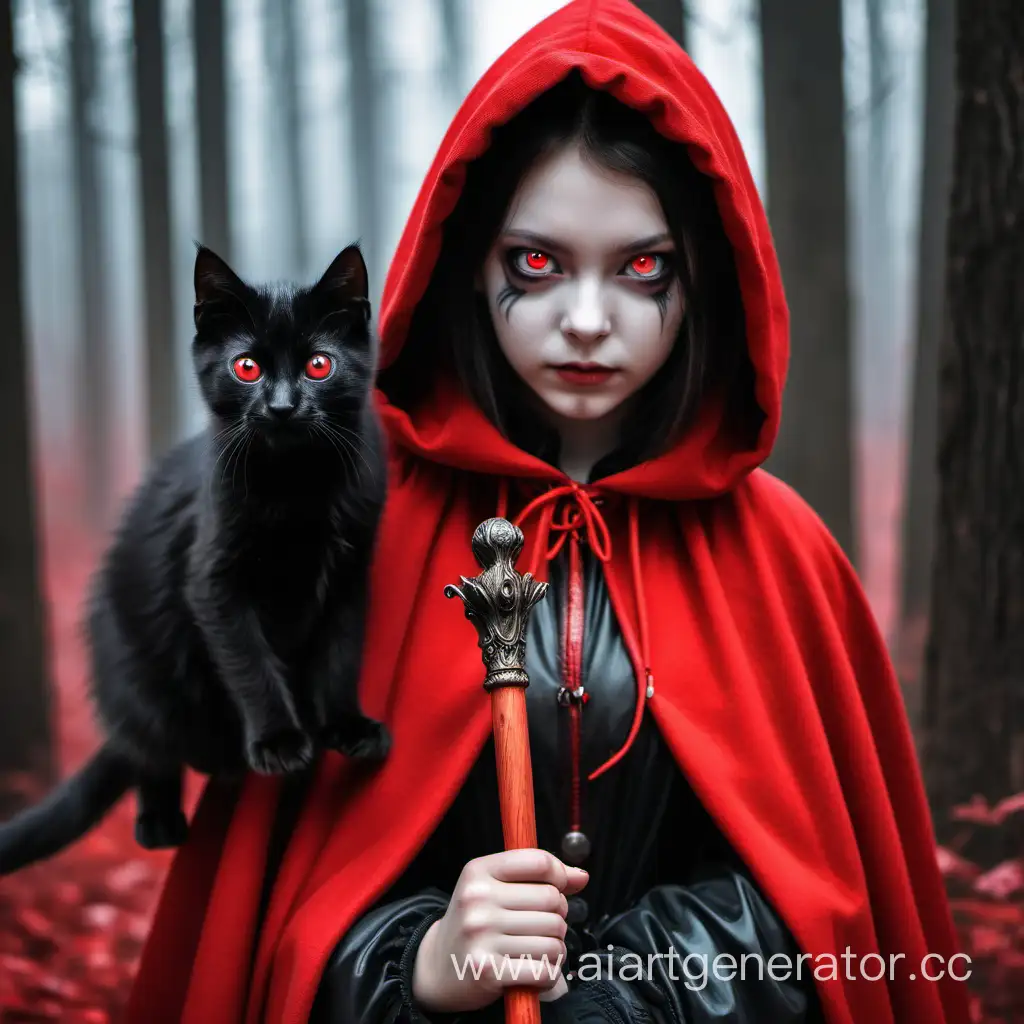 девочка в красной мантии с посохом. У неё красные глаза и чёрный котёнок рядом
