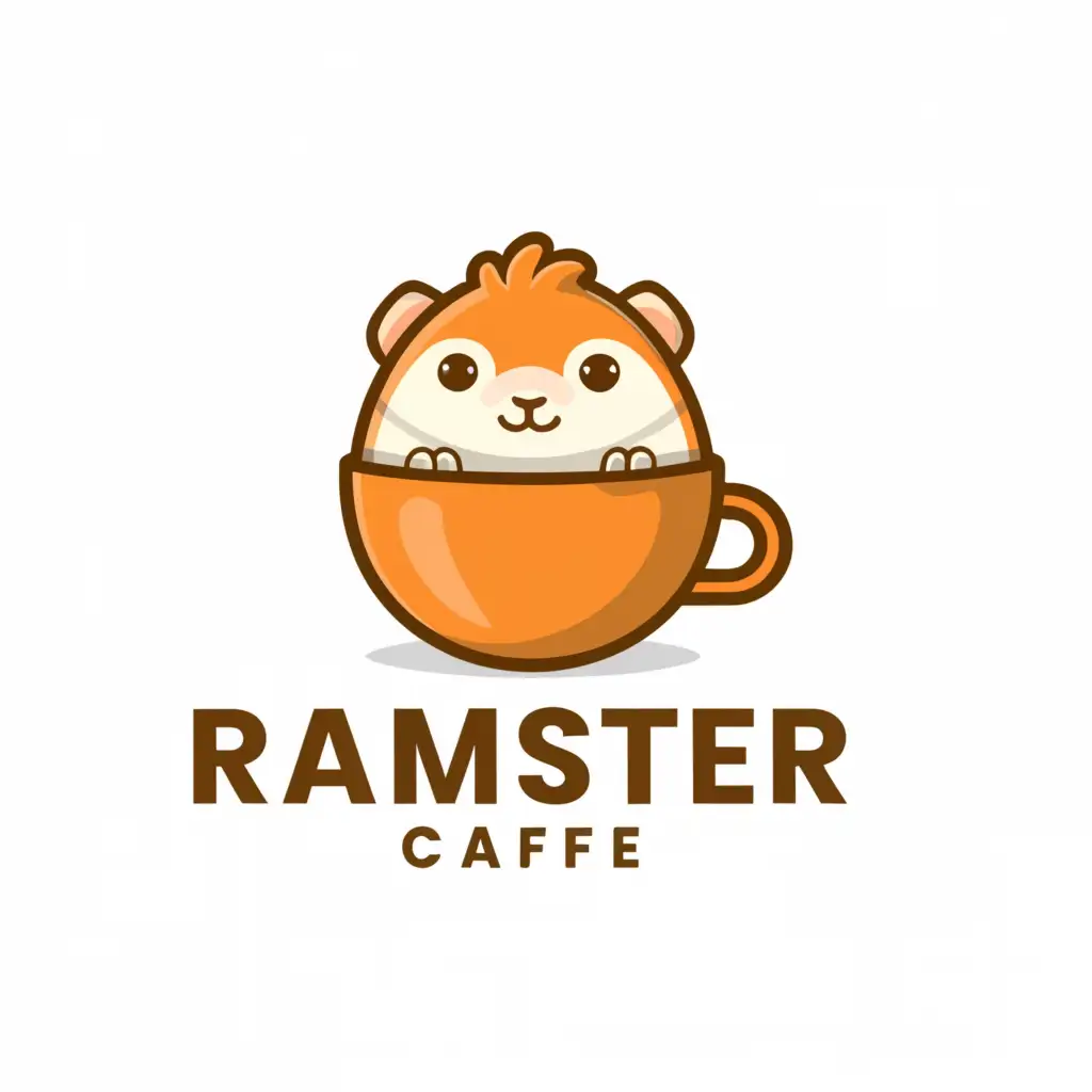 LOGO-Design-For-Ramster-Cafe-Whimsical-Hamster-in-an-Orange-Mug-with-Clean-Background