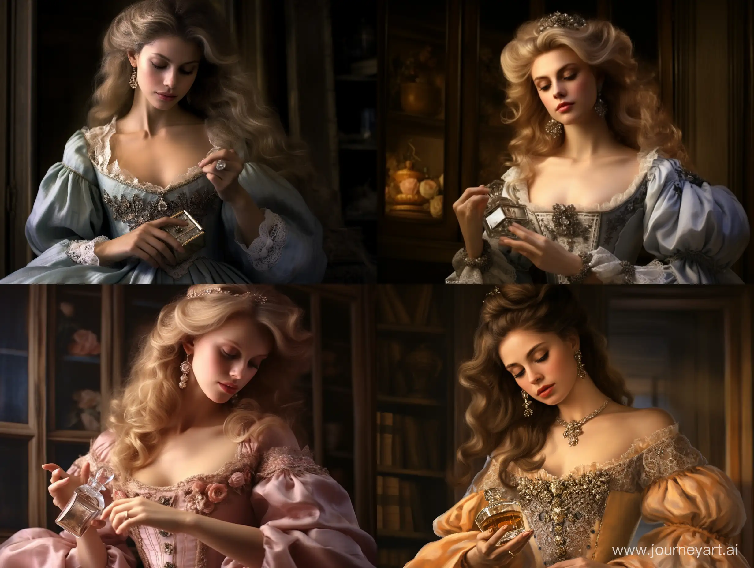Женщина 18 век, красиво, детально, реалистично, одежда! Того времени, держит в руках парфюм