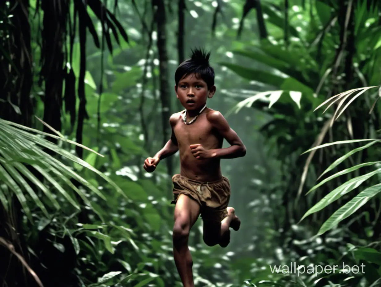 A young native boy running through a thick dense jungle.