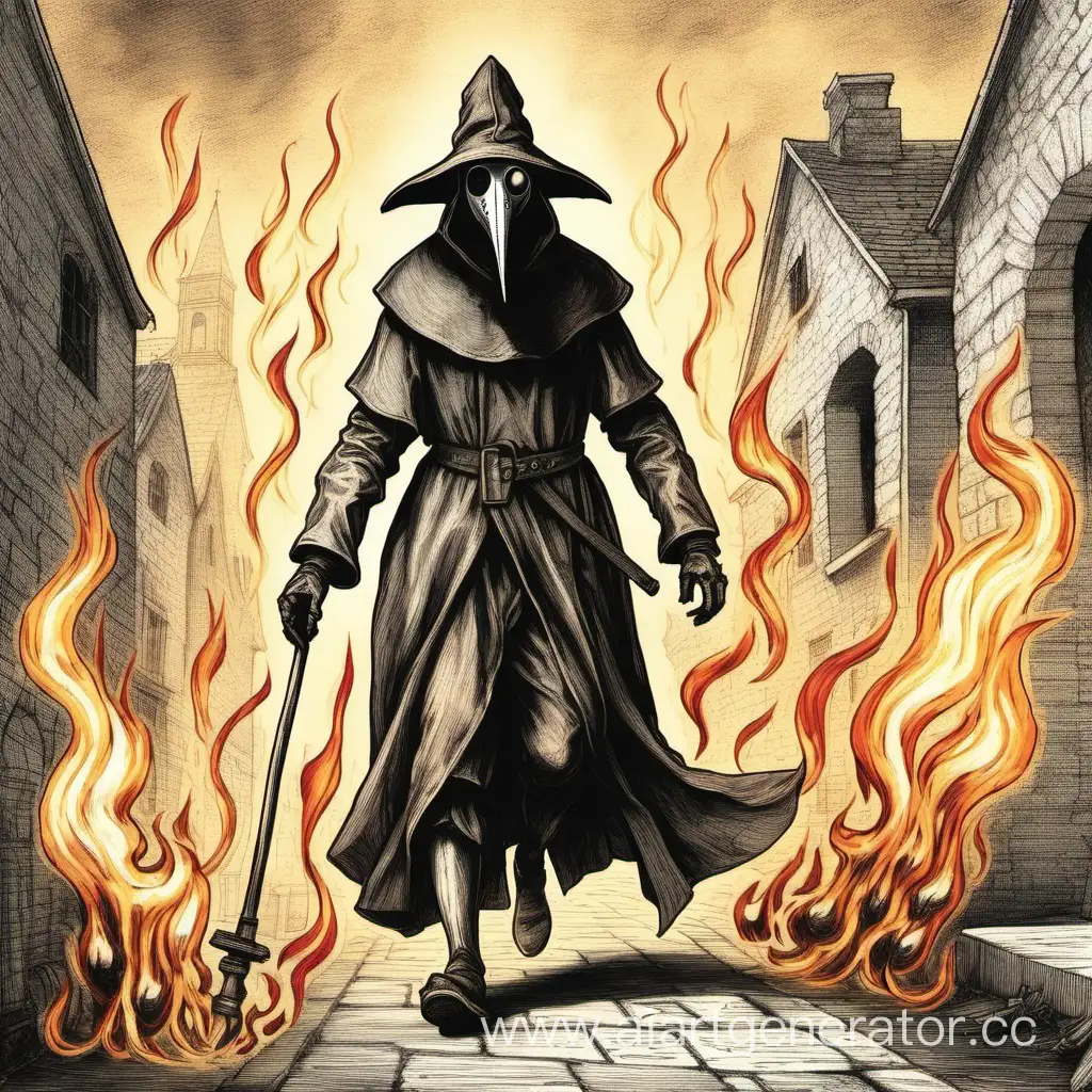 Plague-Doctor-Walking-with-Fiery-Backdrop