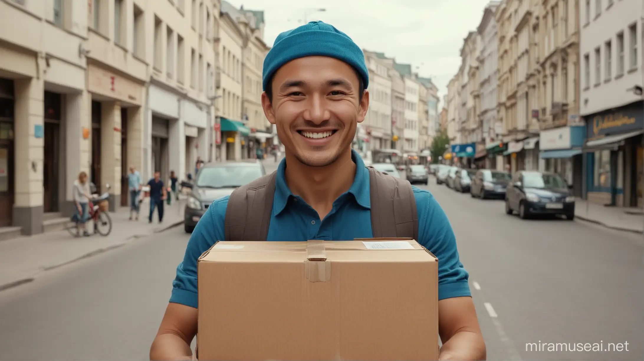 a smiling delivery kazakh man holding a carboard box on the busy street midday cinematic 12k 16:9 size --auto --s2