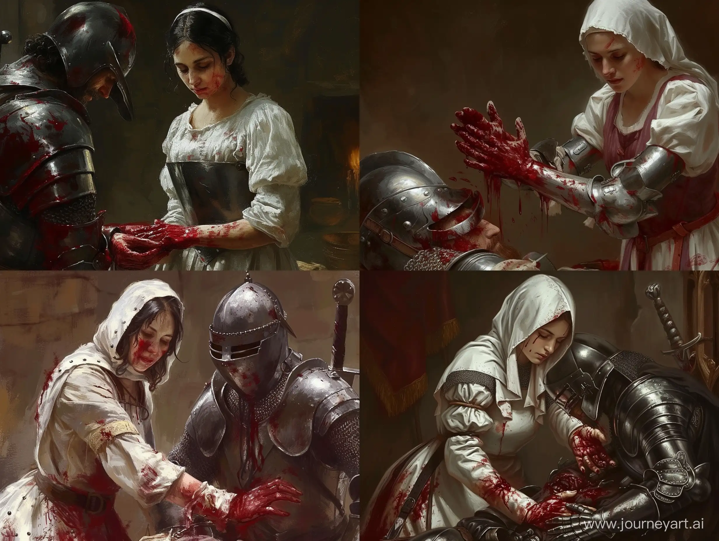 Medieval nurse helps wounded knight, her hands are in blood