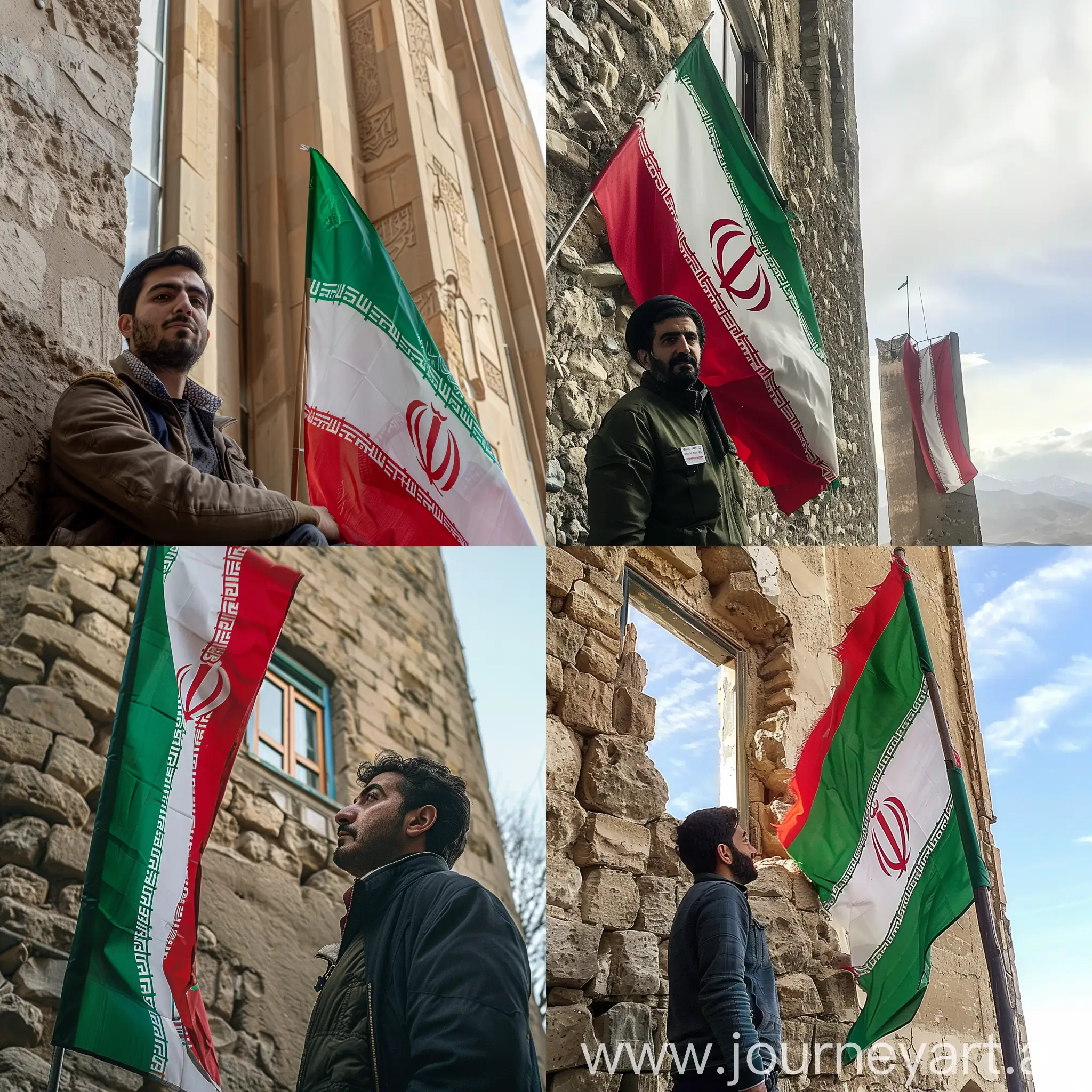 Proud-Iranian-Man-Standing-by-National-Flag-in-Tower-Window