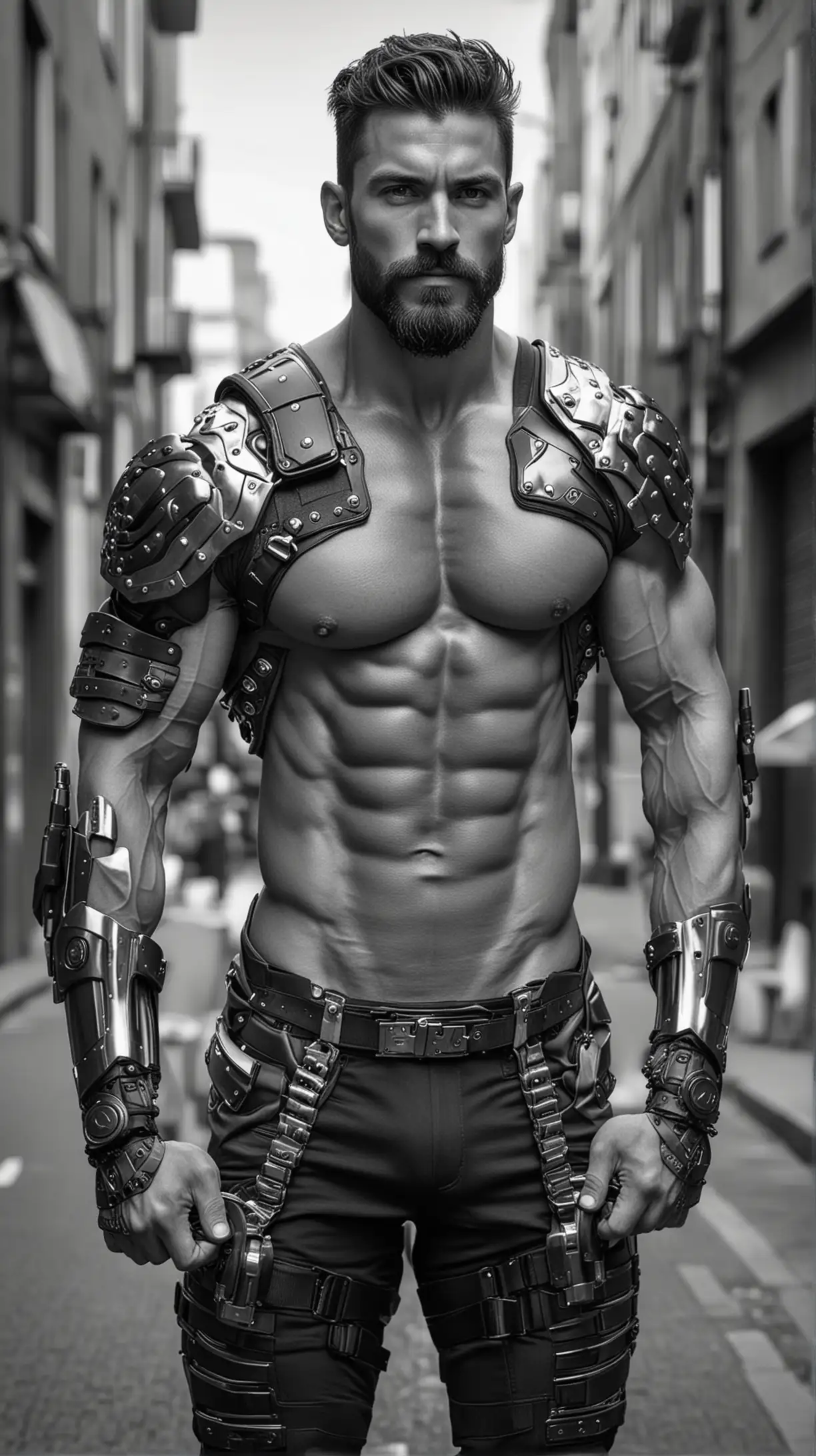 Tall and handsome half naked bodybuilder man with beautiful hairstyle and beard with attractive eyes and Big wide shoulder and chest in modern High tech black and white armour suit with firearms on hands walking on street showing his abs and muscles revealing under the armour