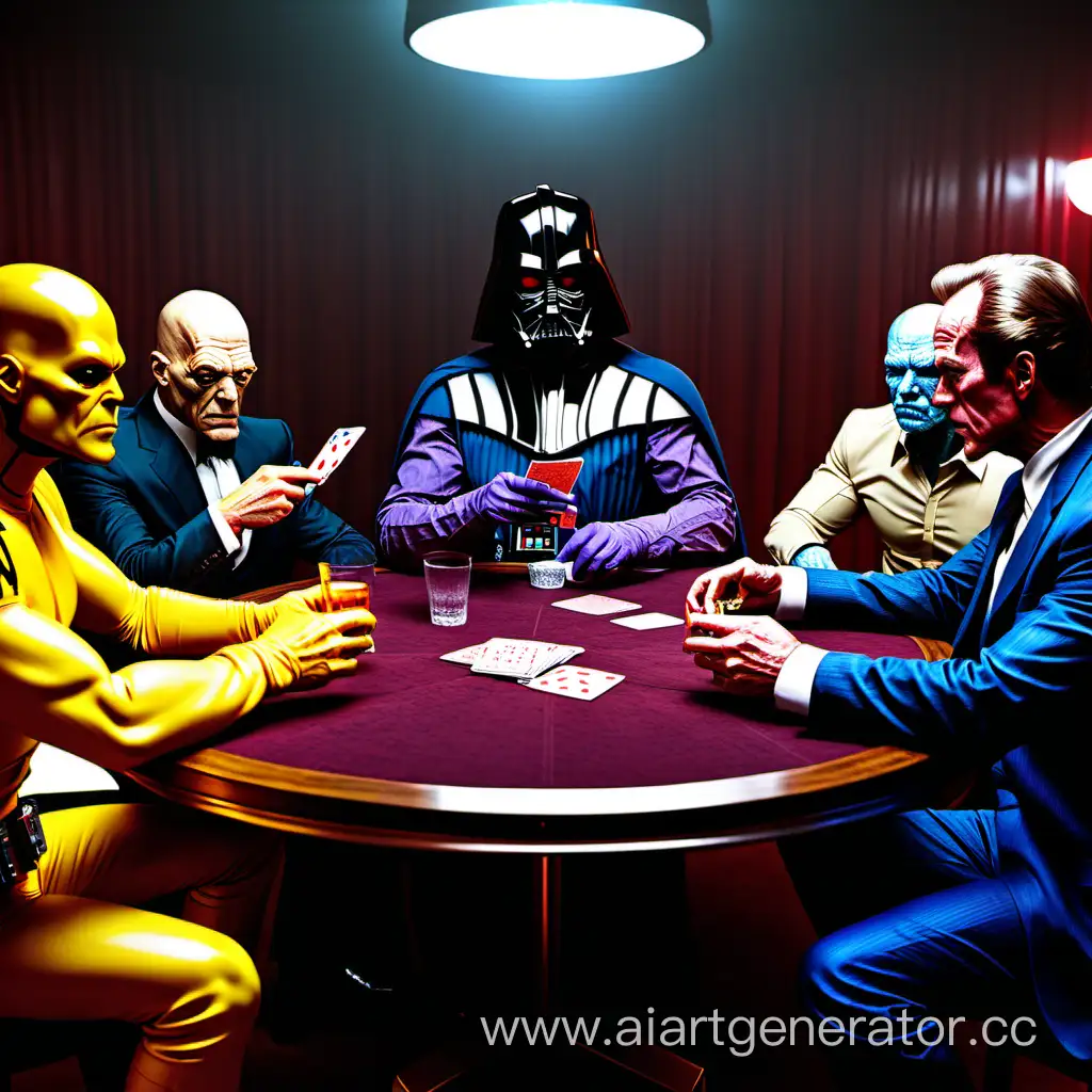 Дарт Вейдер, Обратный Флеш, Танос, Уолтер Уайт и Патрик Бейтман сидят за одним круглым столом и пьют водку, курят и играют в карты