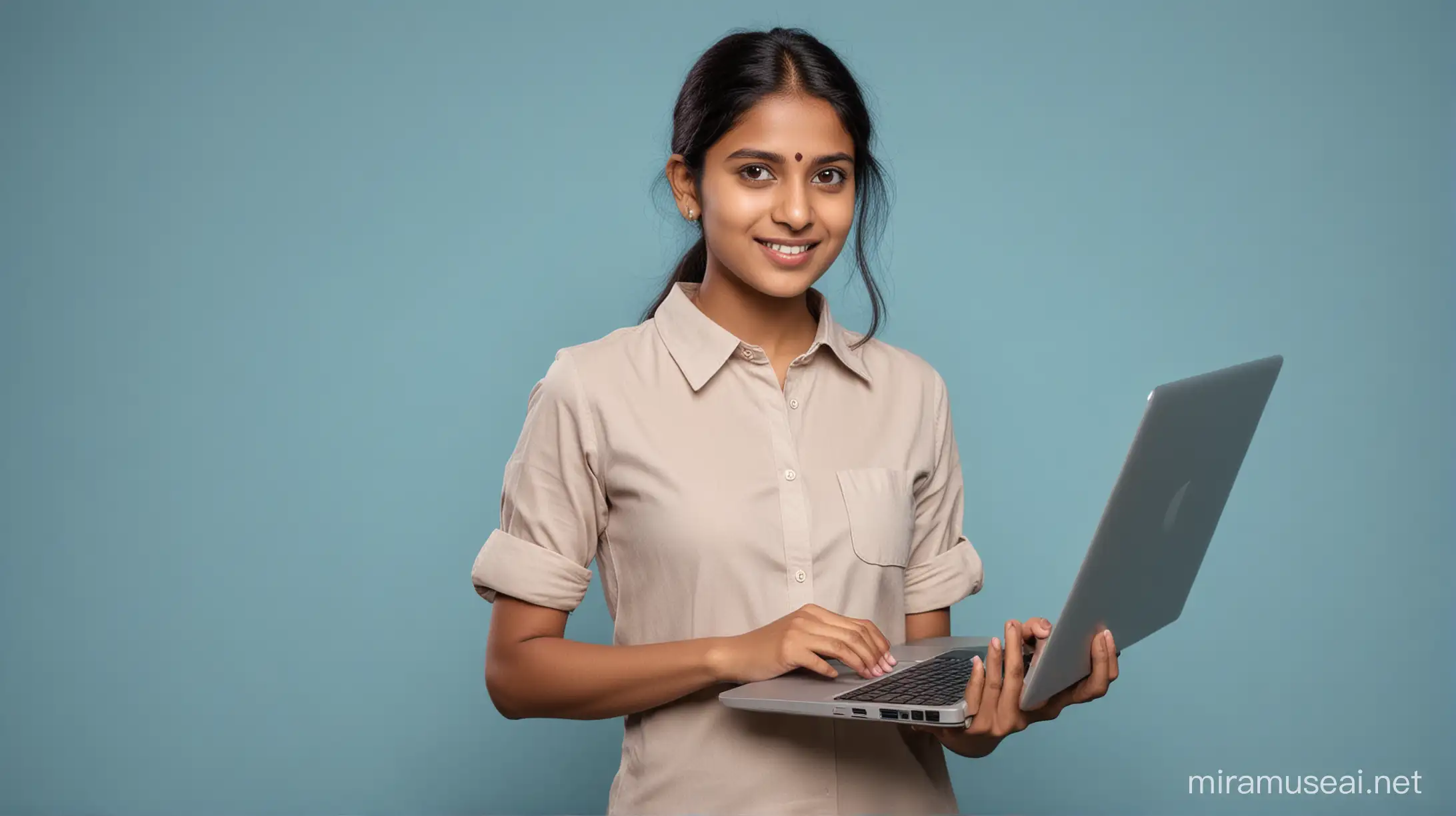 indian girl with laptop on hand blue bg


