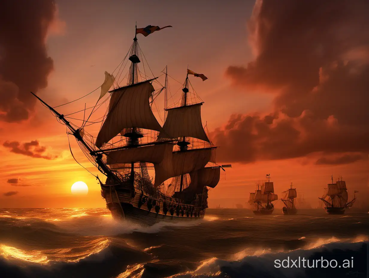 The Batavia, a grand galleon filled with treasures, sets sail into the sunset from the bustling port of the Netherlands, unfurling its sails against the orange sky.. digital artwork, illustrative, painterly, matte painting, highly detailed