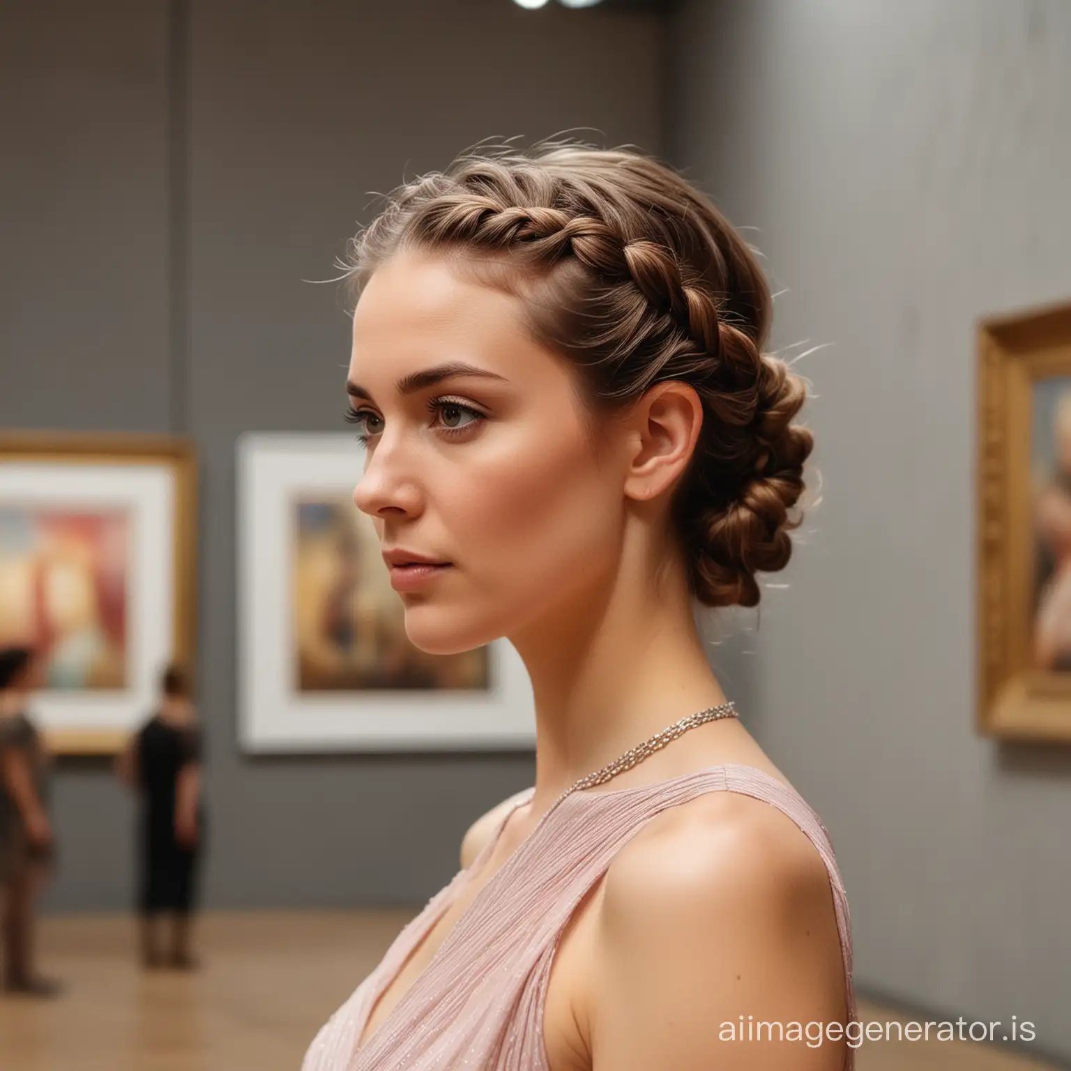 A detailed three-quarter photograph of a beautiful woman with braided hair and attentive gaze in an evening dress, turning her head in front in a modern exhibition hall against the background of an exhibition of paintings. Soft, even, low-contrast light. Format 4:3