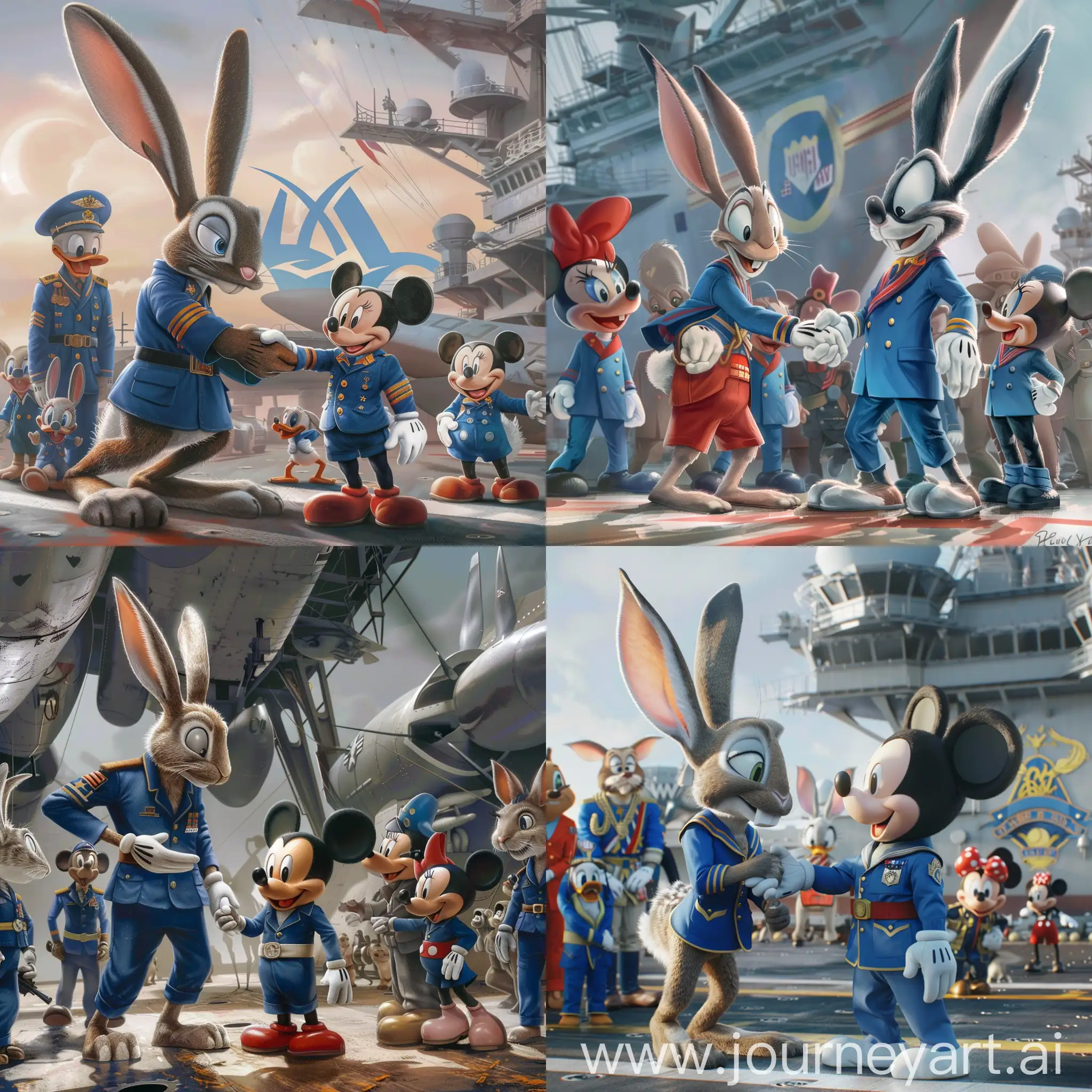small cute rabbit Bugs Bunny is shaking hand with small cute Mickey Mouse. both are in blue military uniforms, on a US aircraft carrier. other animals are watching them. Warner bros and Disney logos are behind.
