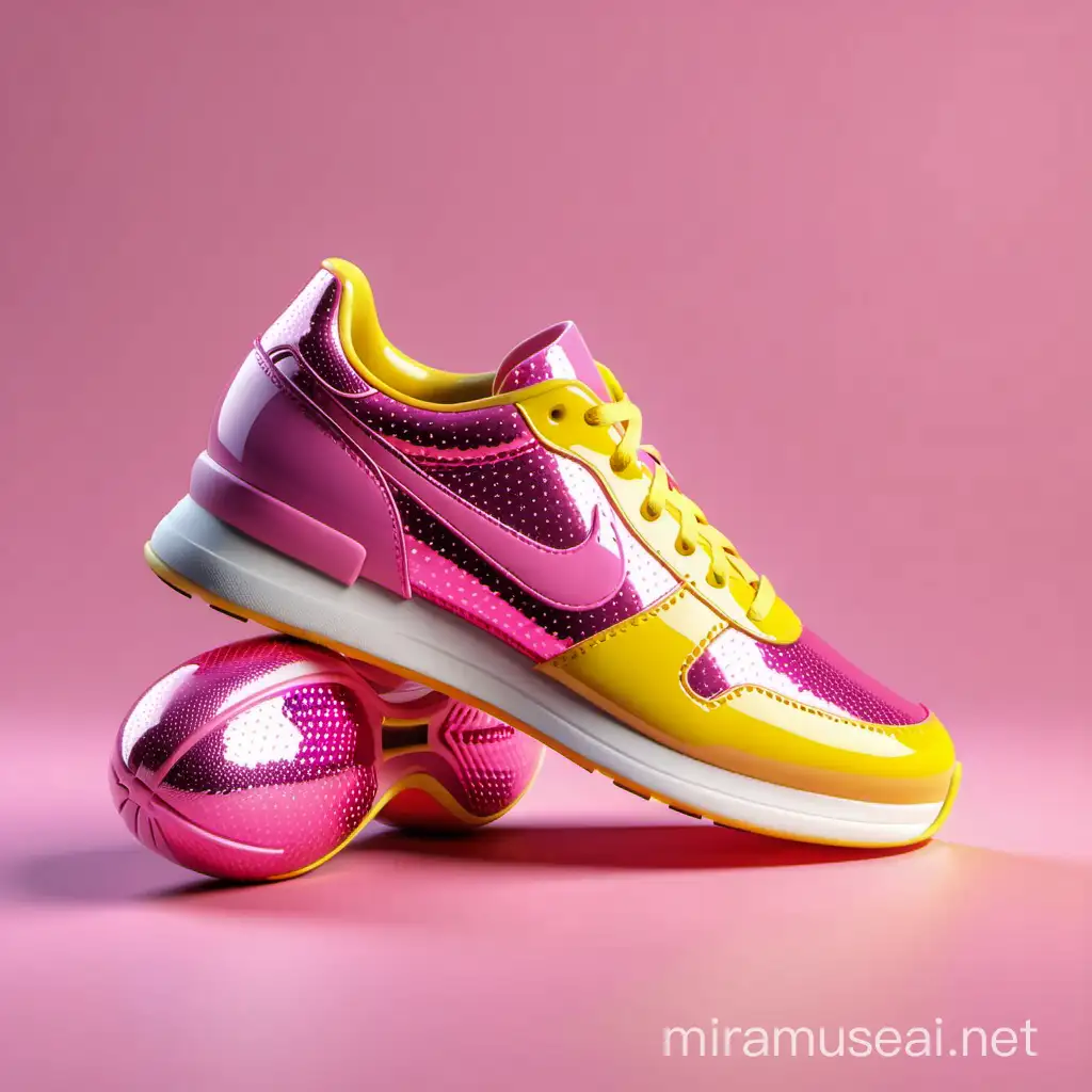 3D 8k minimal realstic illustrator mininal pink and yellow sport shoe shinning and glittering 