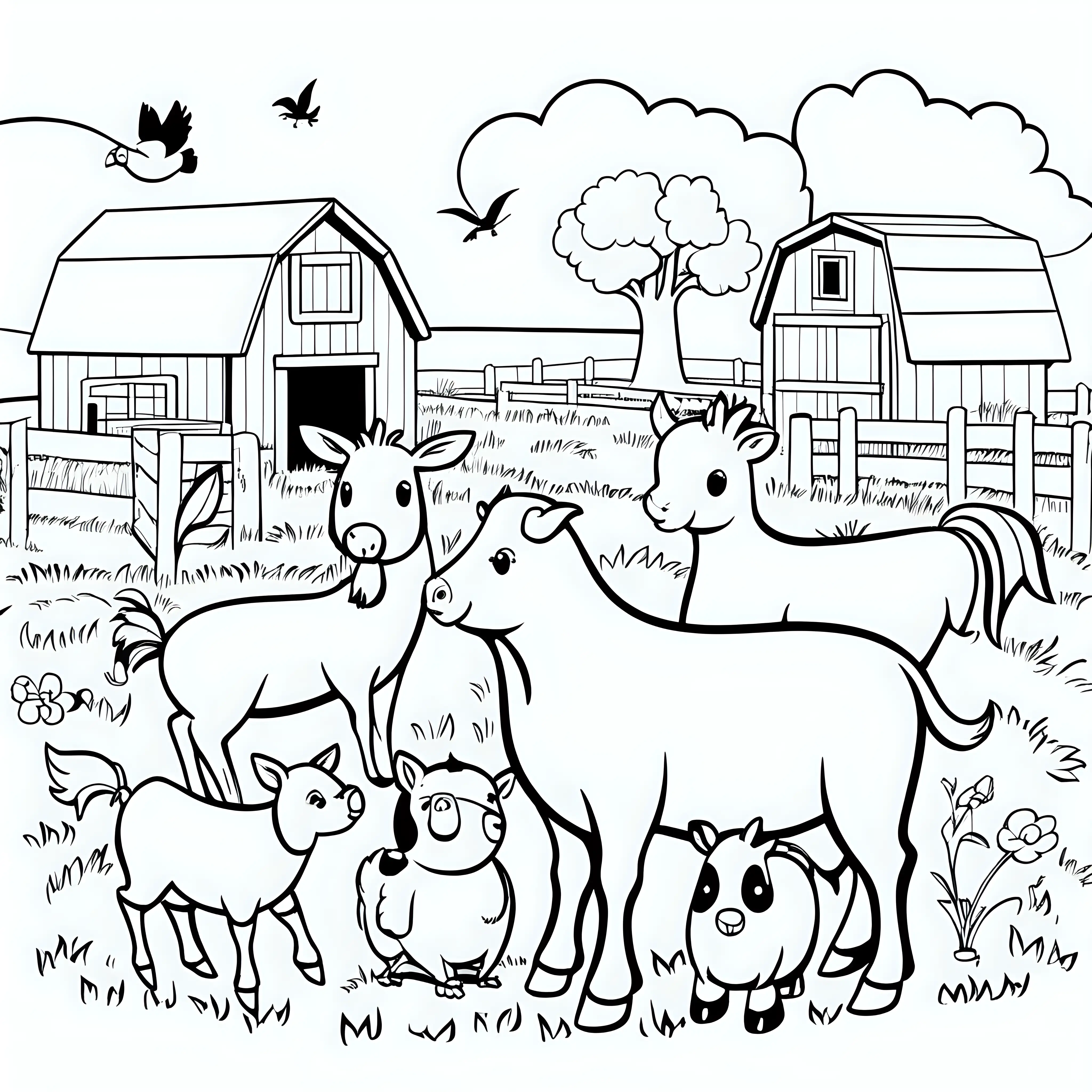 Farmyard Animals Coloring Page for Children Simple Black Line Drawings
