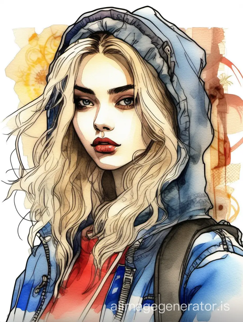 ((Striking gorgeus russian girl model exuding charismatic actor energy))(Incorporating Ghibli aesthetics)(girl adorned in unique streetwear, blending old and new design elements)(Hand-drawn sketches in a sketchbook style)(Watercolor paint application)(High contrast)(Colorful)(High Detail)(masterpiece)(best quality)(high quality)