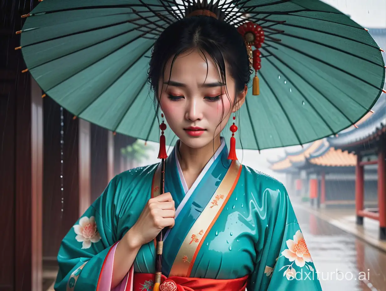 中國古裝女人  半身  沒有拿雨傘在雨中流淚