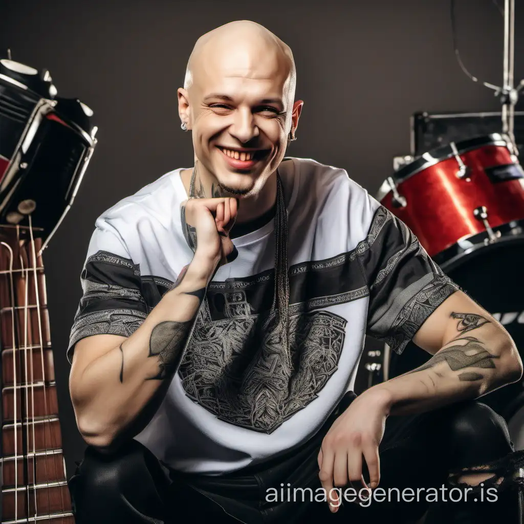 a rapper of Slavic appearance, bald smiling against the background of musical instruments
