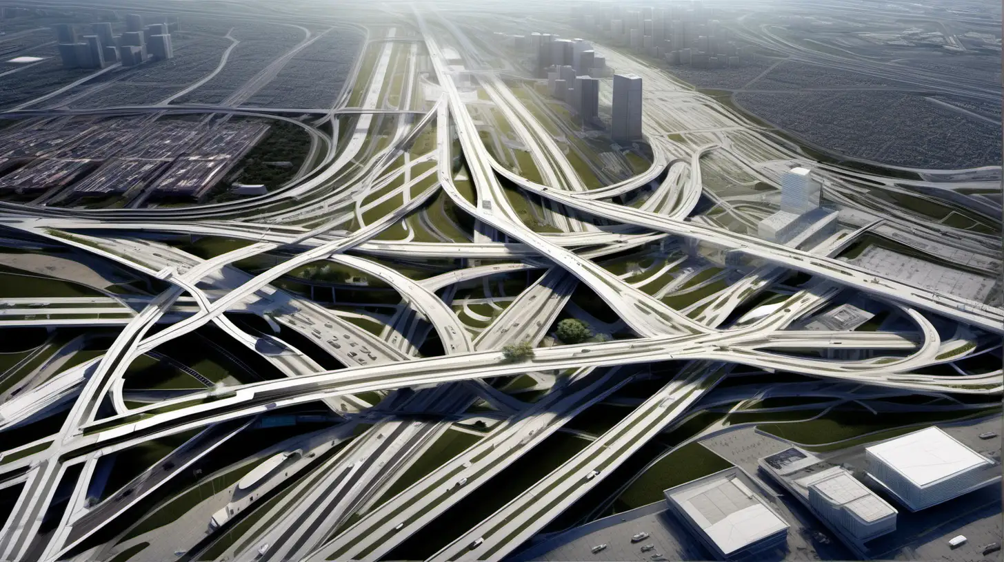A Ariel view looking down at the spectacular design of a freeway system connected to an airport. There is very light traffic on the large grey surfaces. There are scattered buildings in between