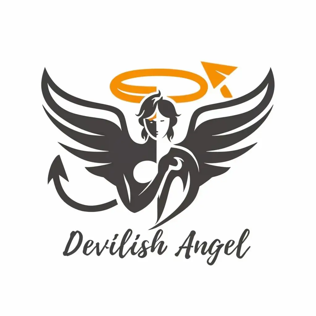 logo, half angel half devil, with the text "Devilish Angel", typography, be used in Internet industry