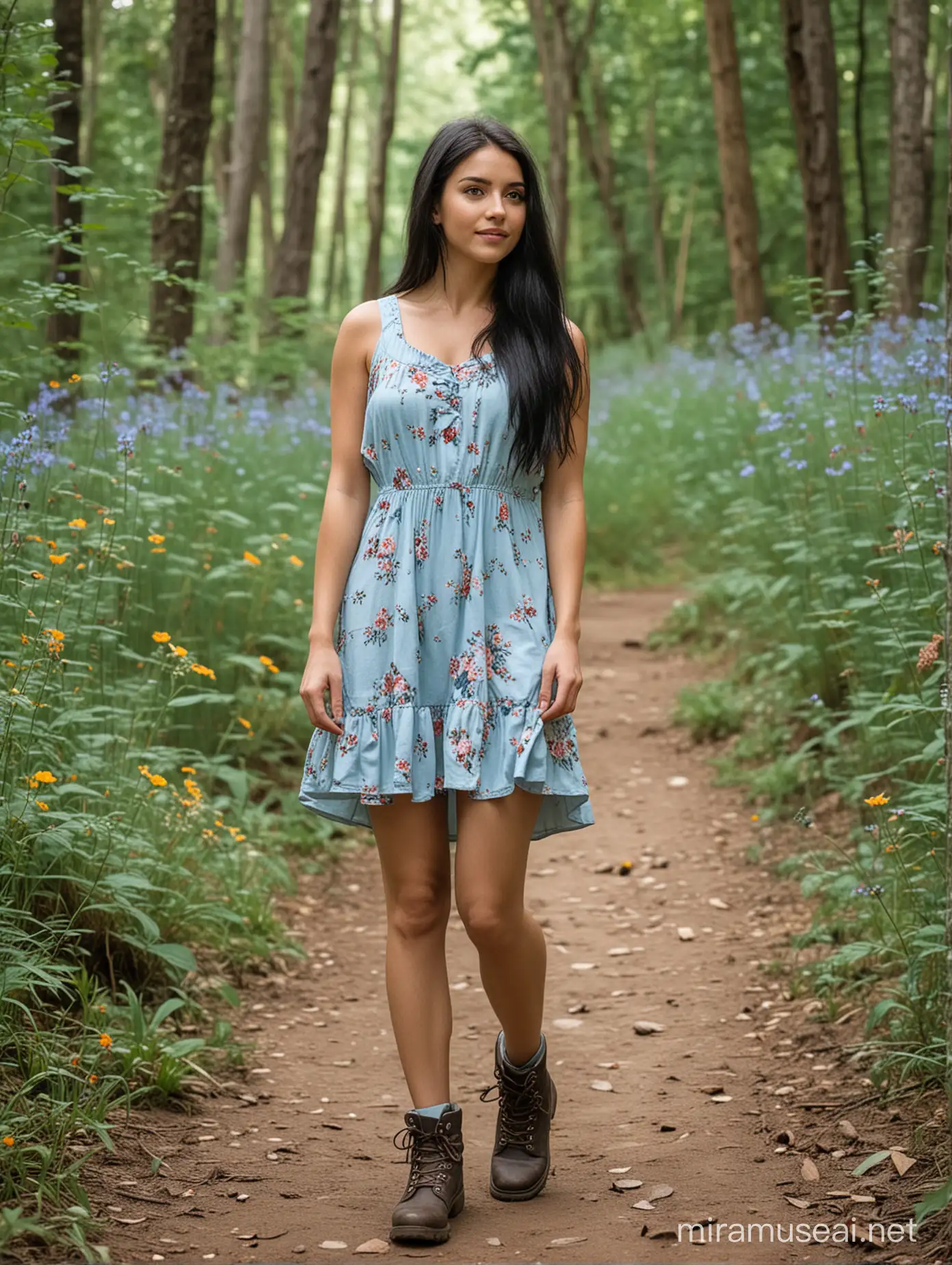 short slim girl, long black hair, flowers in hair, hazel eyes, light blue short sundress, hiking boots, standing on a forest trail, 
