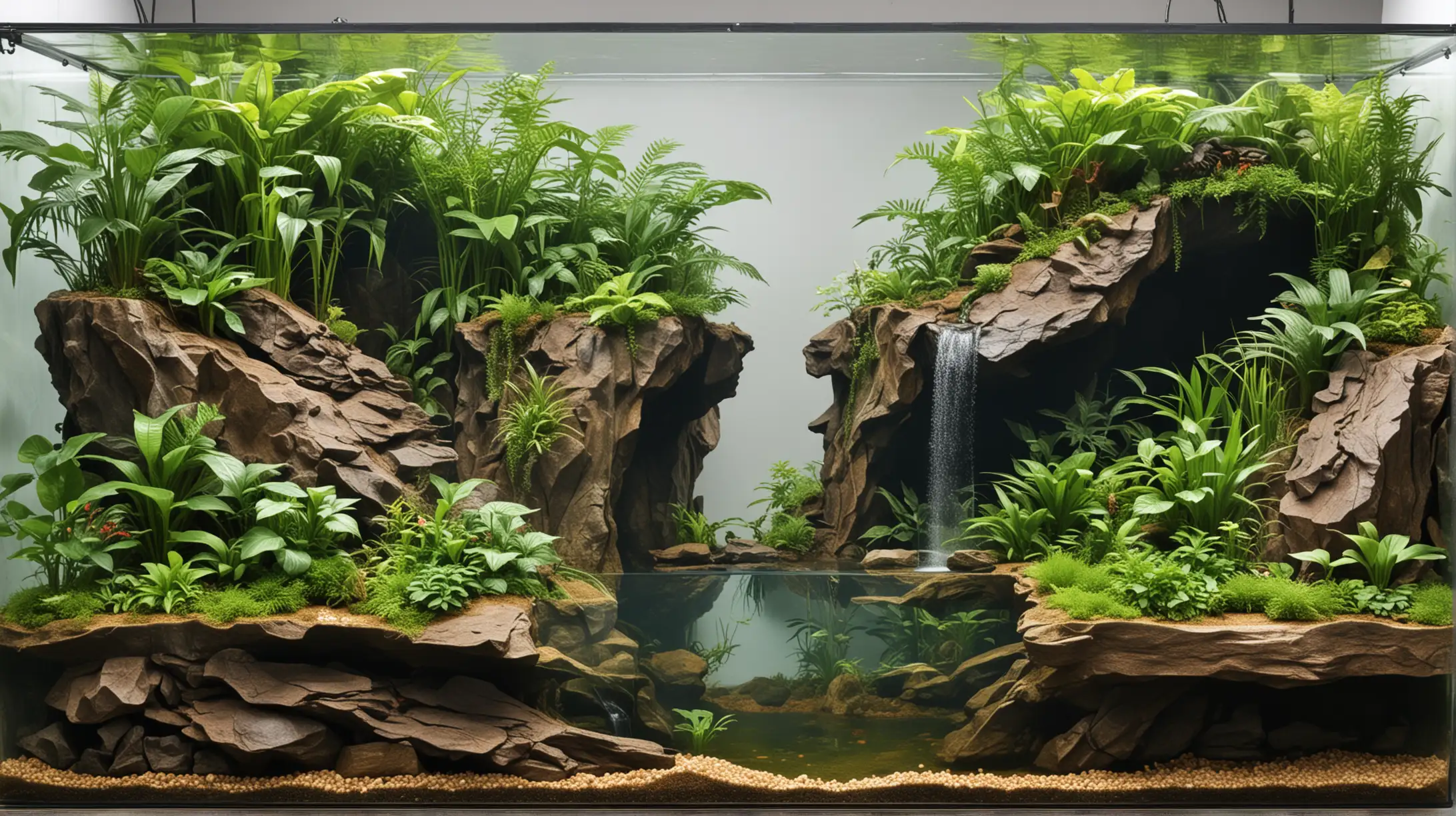 A 130cm by 45 cm by 70 cm tropical snake paludarium with half the paludarium as a mountain cliff with a waterfall and the other half lake-side wih a large flat area on the right half.
