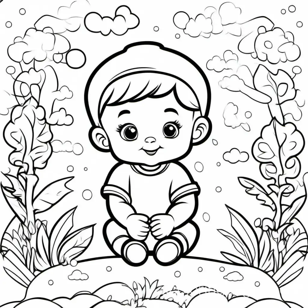 cute baby coloring pages, Coloring Page, black and white, line art, white background, Simplicity, Ample White Space. The background of the coloring page is plain white to make it easy for young children to color within the lines. The outlines of all the subjects are easy to distinguish, making it simple for kids to color without too much difficulty