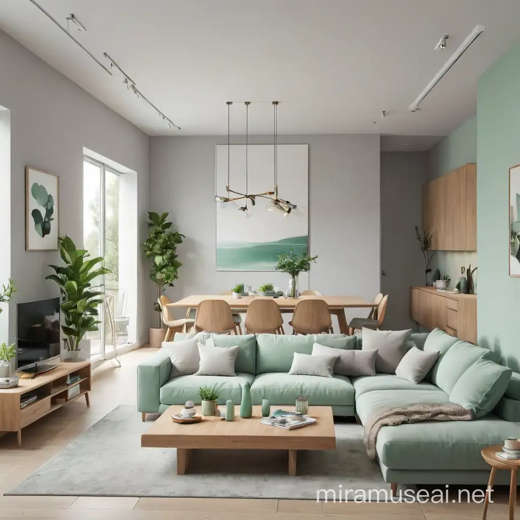 Living room design modern with light gray walls and contrast with natural color and mint green. And natural light with terrace 