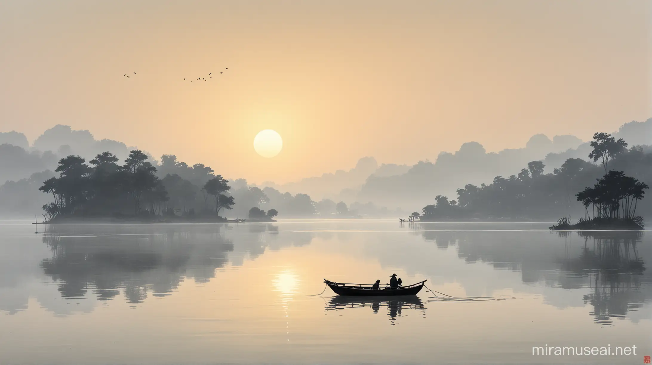 极简主义，一条小船在西湖湖面驶向淡黄色的夕阳，中国水墨风，大量留白，大师杰作，